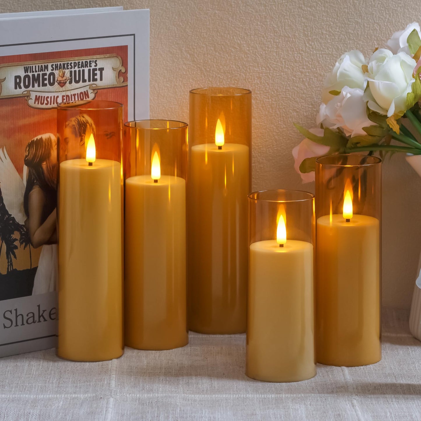 Yeelida Acrylic Flameless Flickering Candles with Remote Control and Timer, Battery Operated LED Fake 2.2" x 5",6",7",8",8" Plastic Pillar Candles for Home Decor(Long-Lasting, Gold)