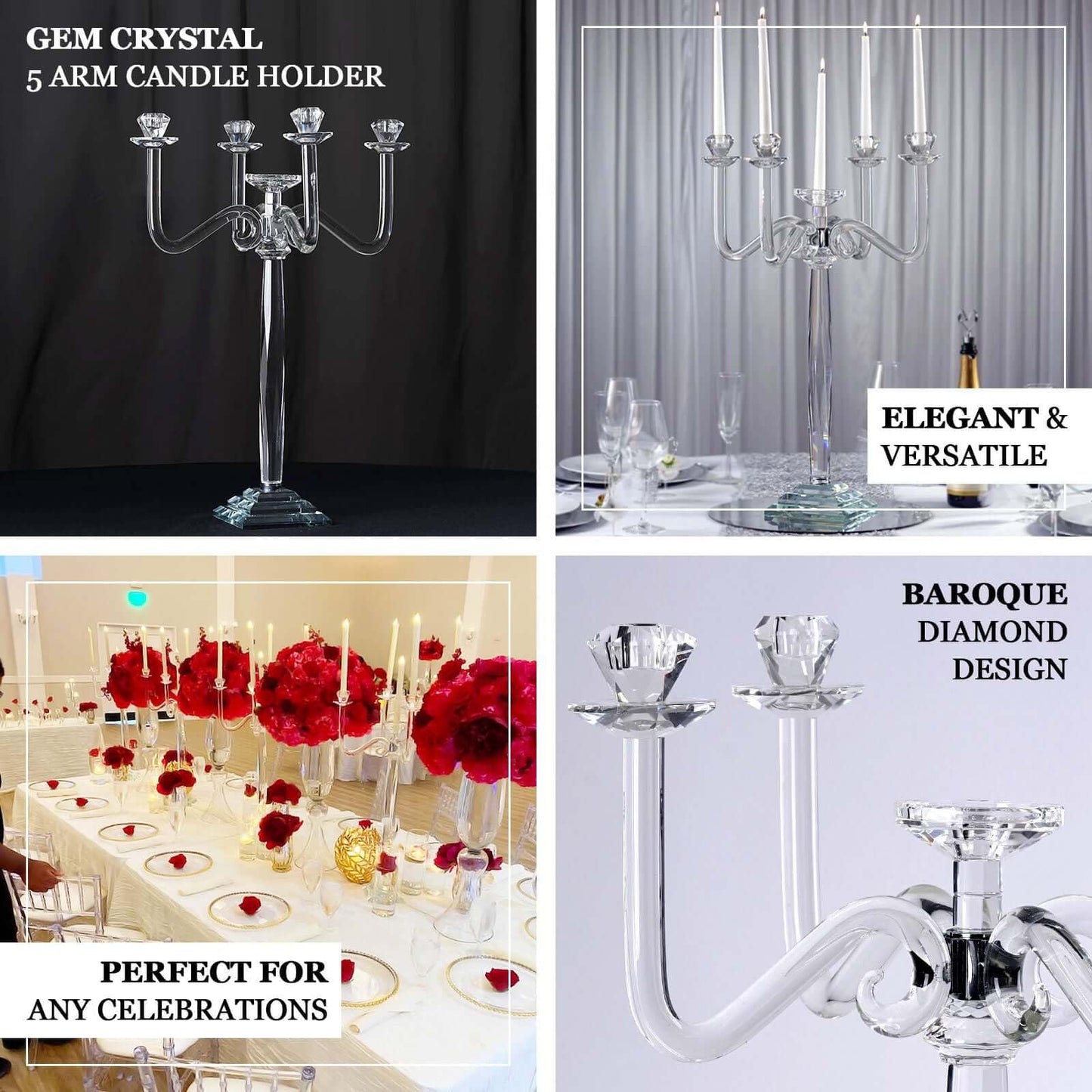Efavormart 27" Tall Handcrafted Gem Cut 5 Arm Crystal Modern Glass Candelabra Candle Holder Wedding Centerpiece