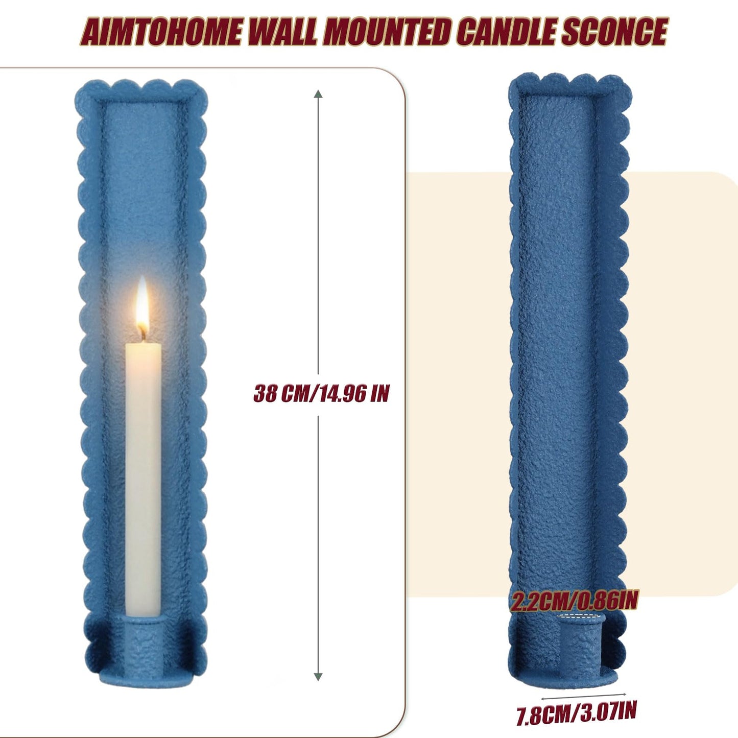 AimtoHome Blue Wall Candle Sconces Set of 2, Scalloped Edge Box-Shaped Cast Iron Farmhouse Church Holders for Taper Candles, Wall Mounted Rustic Candle Sconce for Living Room, Dining Room Decor