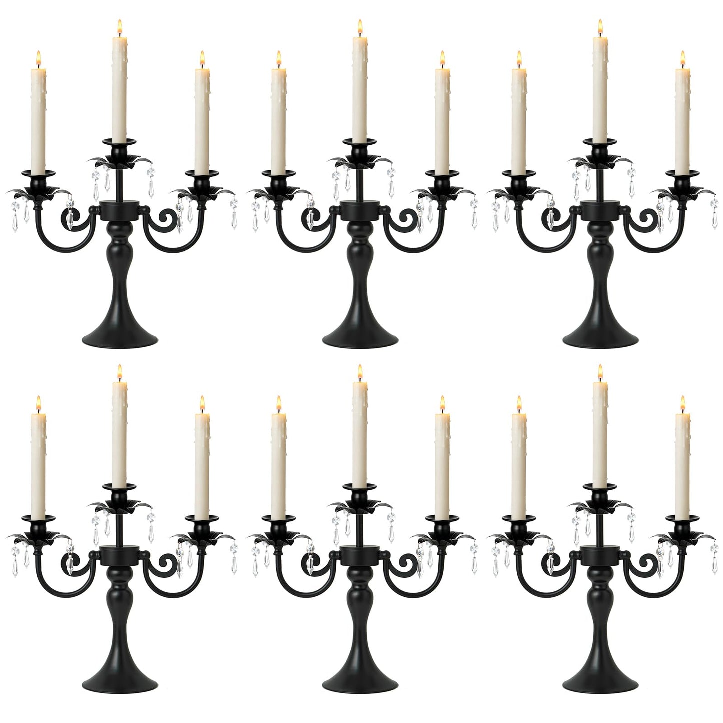 KEHAIL Metal 3 Arm Candelabra with Crystal Pendants - 11.8 Inch Tall Candle Holders, Set of 2 - Elegant Taper Candlestick Stand for Wedding, Dining Table, Christmas Party Home Decoration (6, Black)