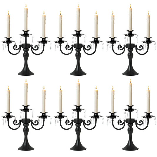 KEHAIL Metal 3 Arm Candelabra with Crystal Pendants - 11.8 Inch Tall Candle Holders, Set of 2 - Elegant Taper Candlestick Stand for Wedding, Dining Table, Christmas Party Home Decoration (6, Black)