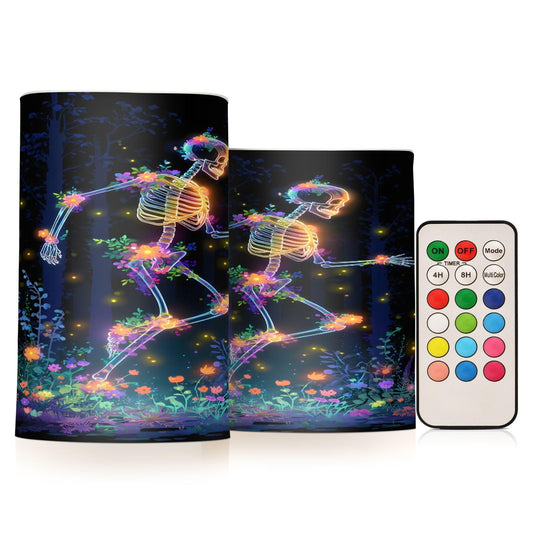 ALAZA Flameless Candles with Remote Timer,Skeleton Colorful Floral Battery Operated Candles Set of 2 LED Tea Lights Flickering Pillar Votive Candles for Indoor Outdoor Decor