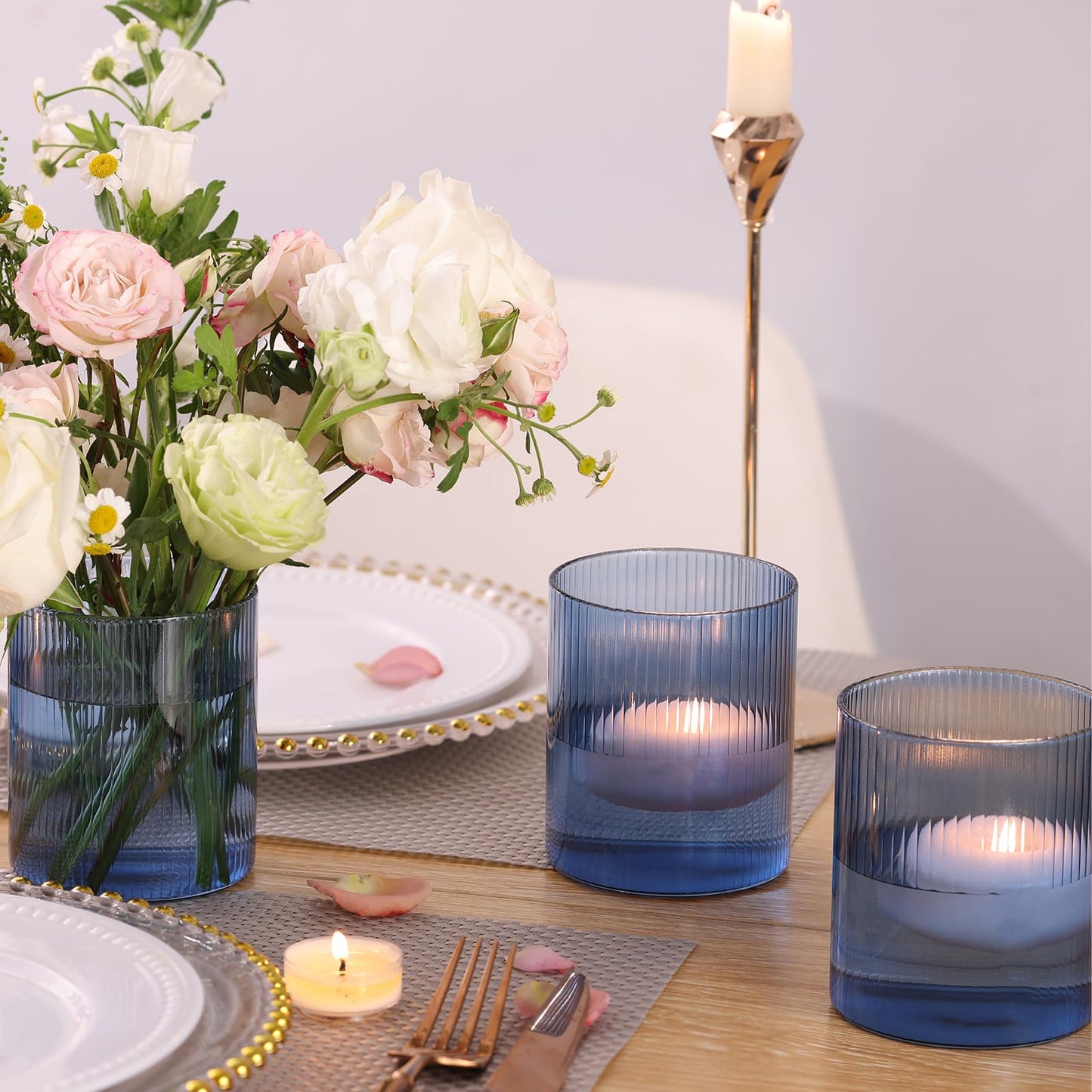 30pcs Blue Votive Candle Holders and 6pcs Blue Glass Cylinder Vases