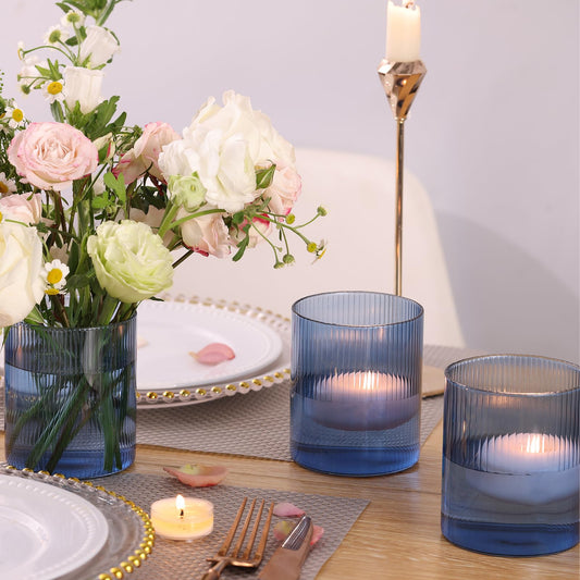 30pcs Blue Votive Candle Holders and 6pcs Blue Glass Cylinder Vases