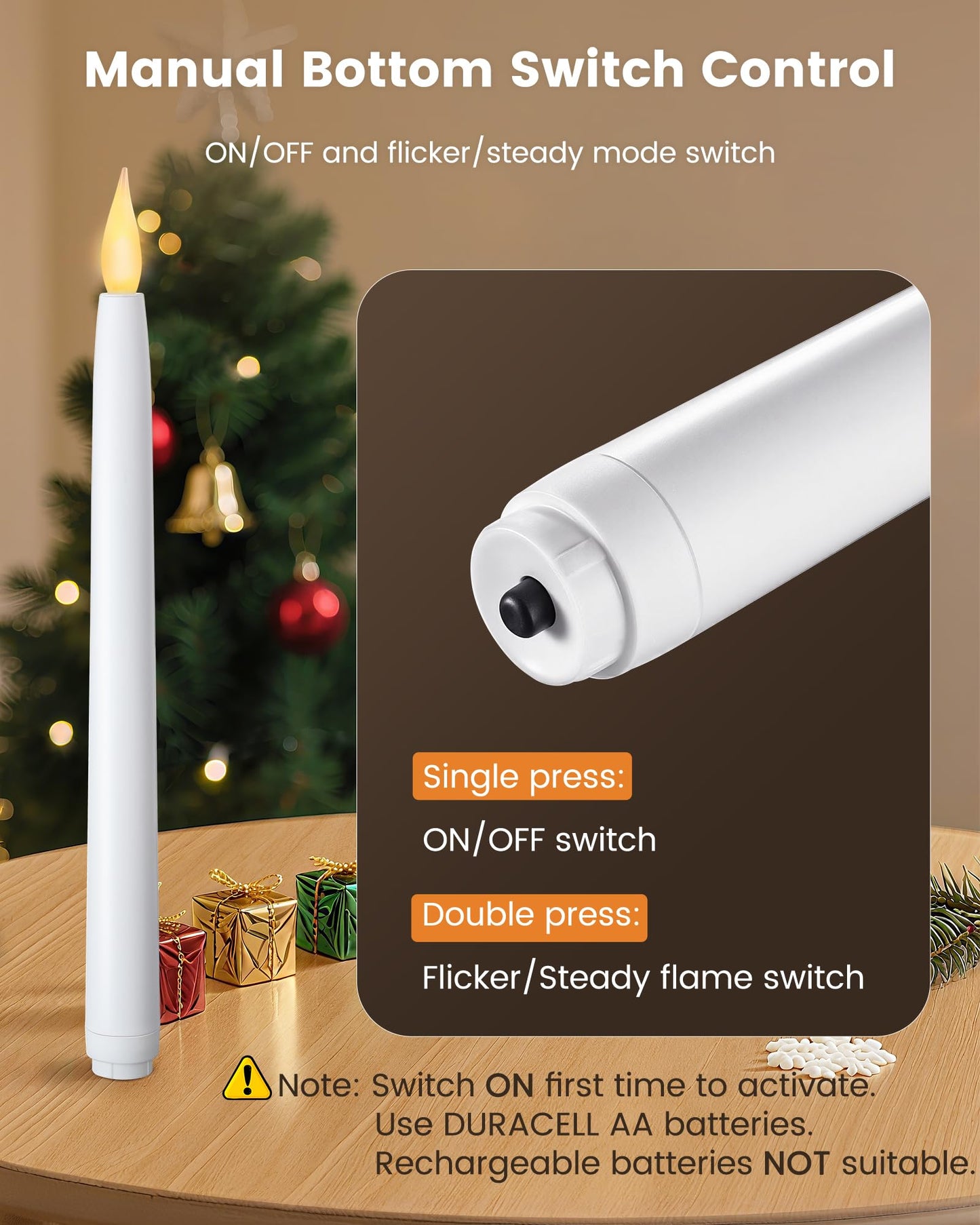 SURAIELEC 10.5'' Battery Window Taper Candles with Timer, 3000K Warm White, Flameless LED Candle for Christmas Window, Mantel, Dining Table, Matt Black, 4 Pack (Rechargeable Batteries Not Compatible)
