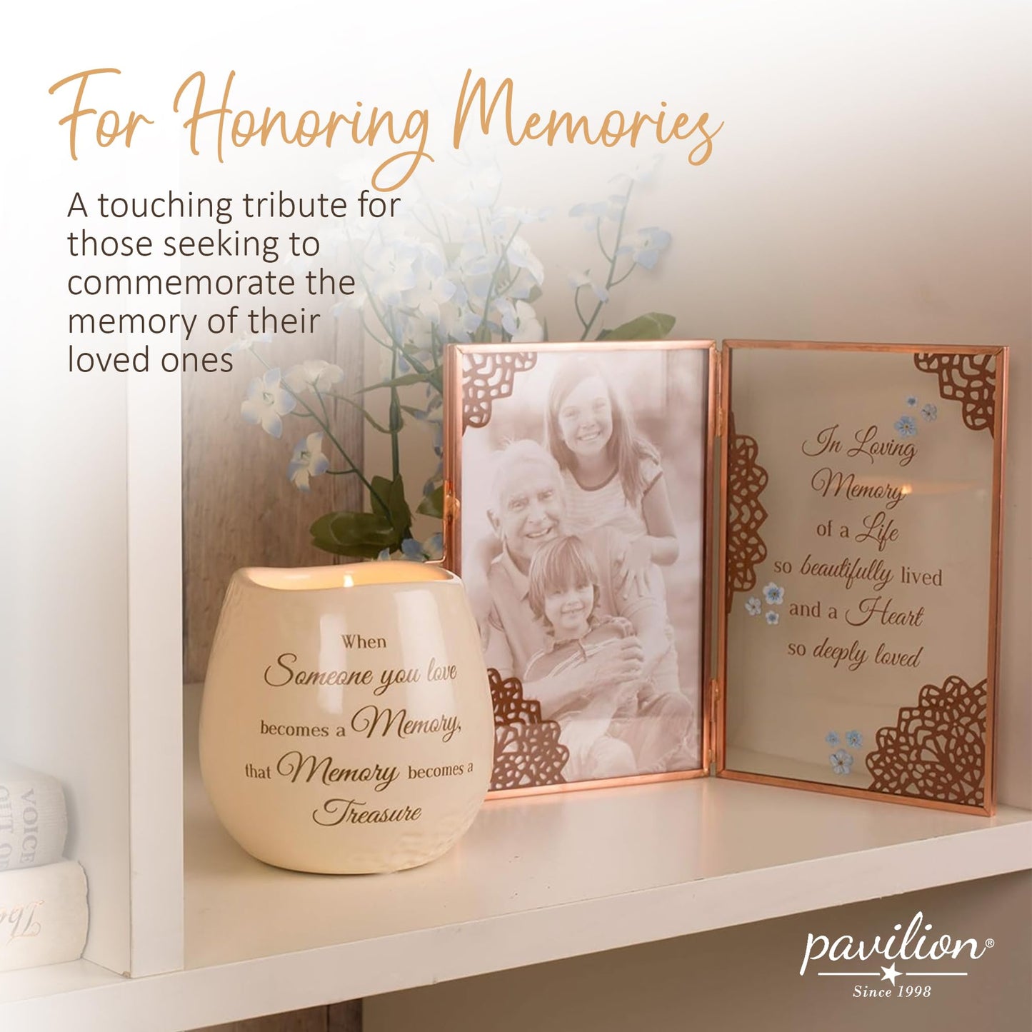 Pavilion - 8 Oz Candle Holder - Cream Beige Ceramic Candle Vessel with 100% Soy Wax, Tranquility Scent When Someone You Love Becomes A Memory Remembrance Gift - Printed Text, Love Theme, Round Shape