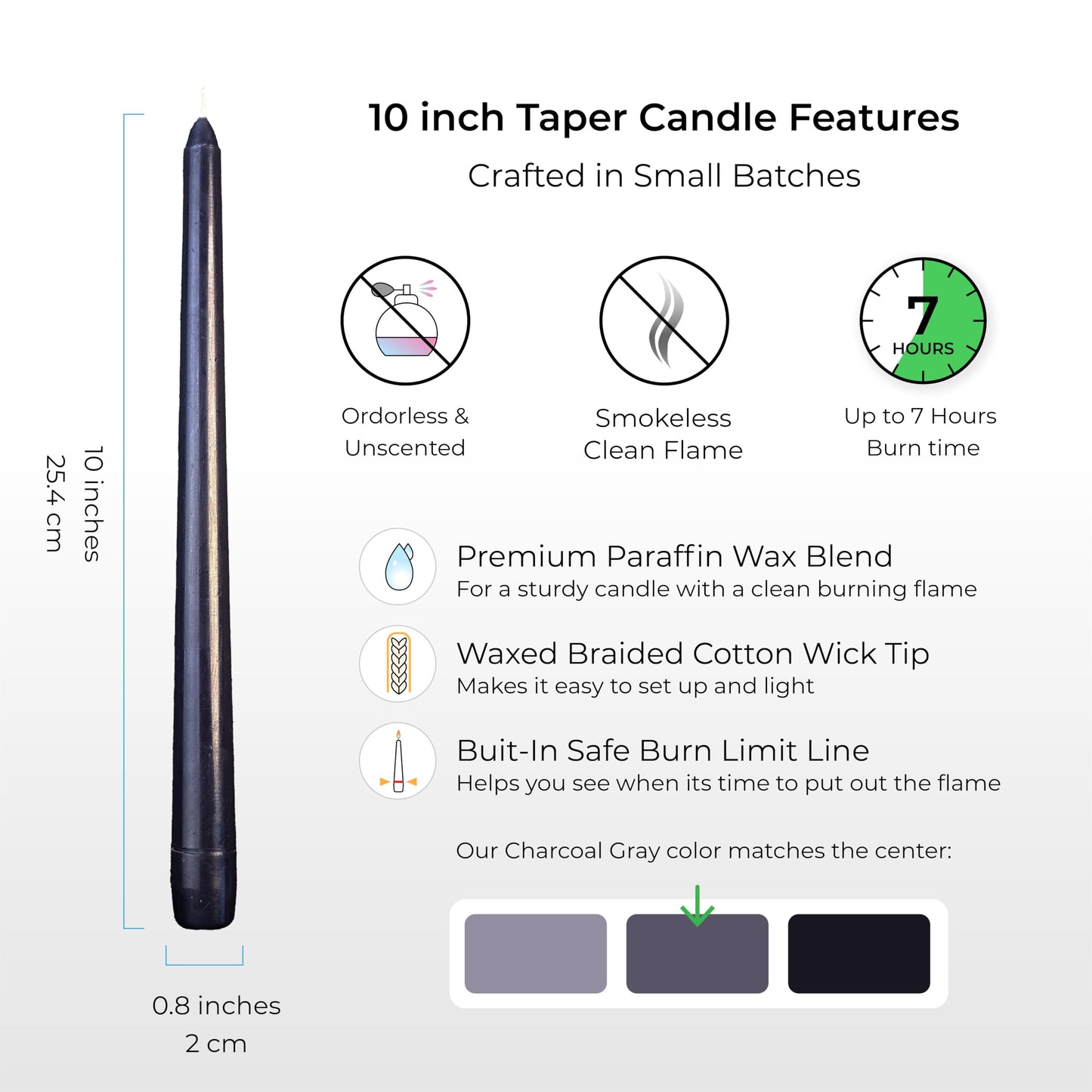 Charcoal Gray Taper Candles 10 Inch, 12 Pack - Grey Tapers-Unscented Dripless Dinner Candles, 7 Hour Burn Time, Premium Solid Wax Candlesticks for Weddings, Parties, Events & Home Decor