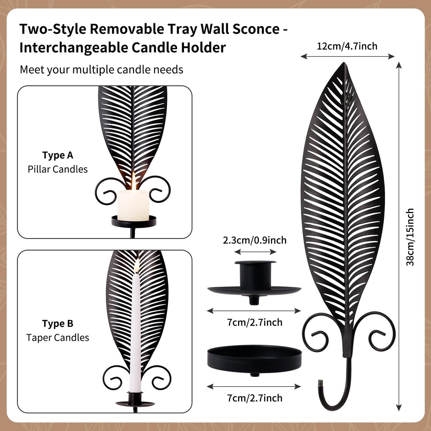 Leaf Shape Candle Holder Wall Set of 2,Wall Sconce with 2 Removable Trays,Gothic Antique Candelabra,Mounted Stylish Candlestick Holder Home Decor Candle Stand for for Living Rooms Hallways(Black)