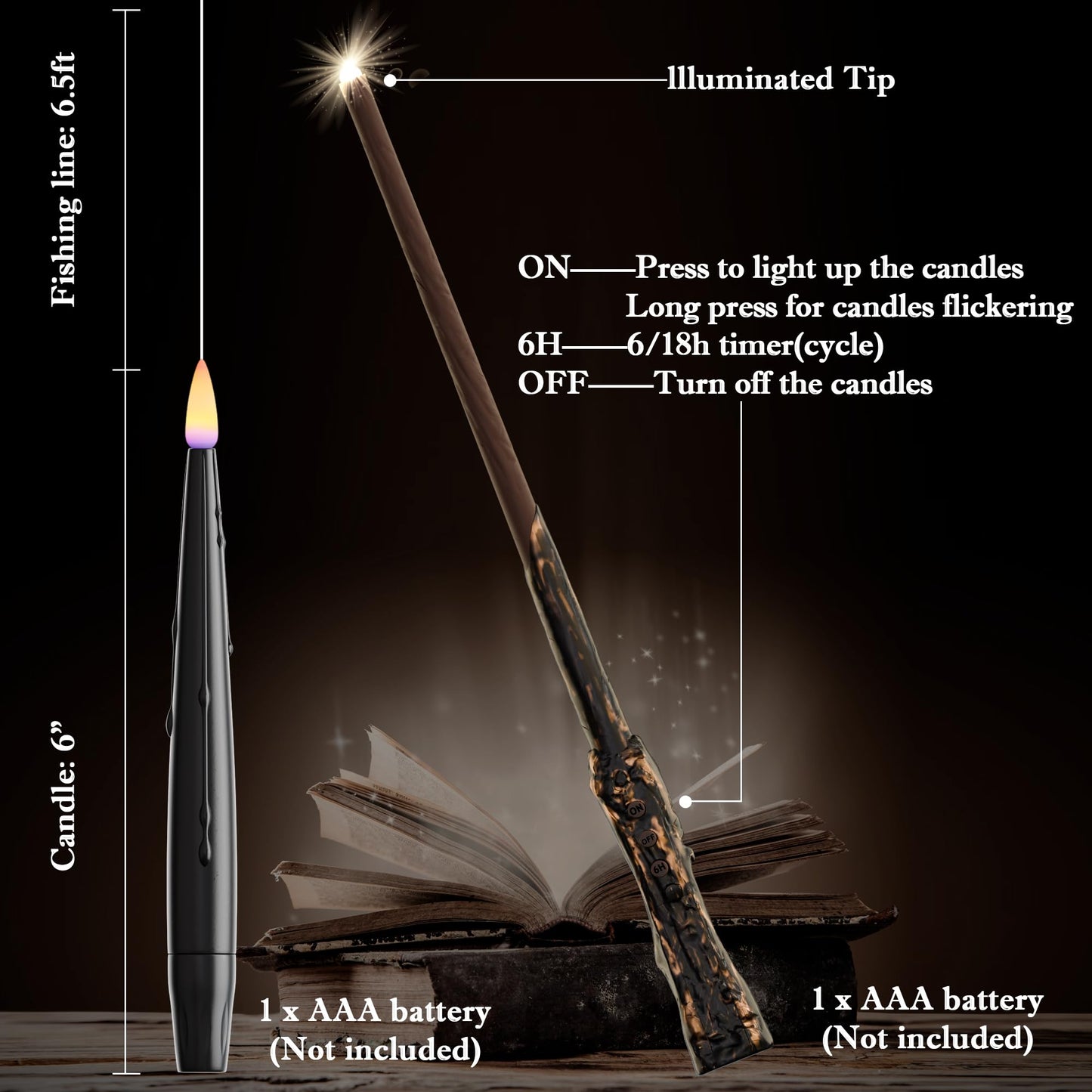 JOIONE Floating Candles with Wand, 12 Pack Hanging Candles with Magic Wand Remote, Battery Powered Floating Candles with Wand, Flameless Magic Hanging Taper Candles for Xmas Halloween Decor, Black