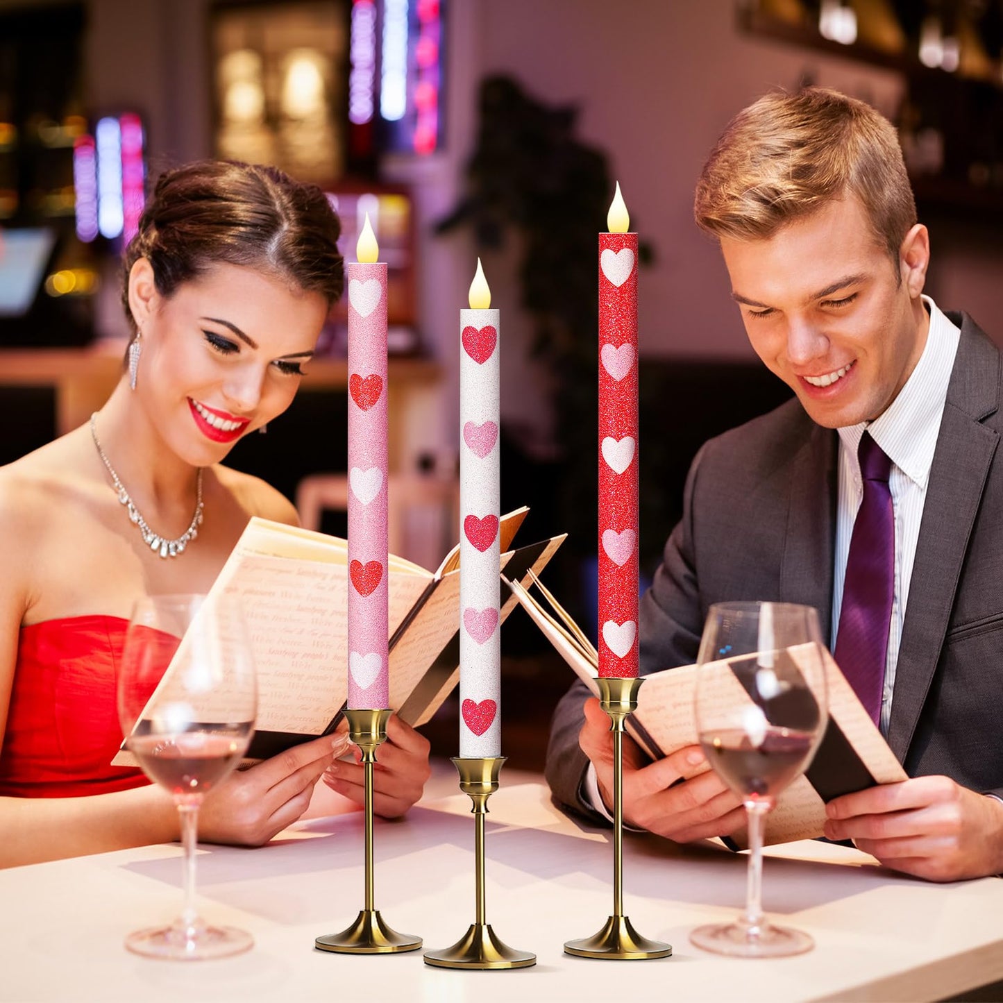 Honoson 6 Pcs Heart Glitter Flameless Taper Candles 10.6 Inch Valentines Day Candles Battery Operated LED Candlesticks for Valenties Wedding Bridal Birthday Baby Shower Party Dinner Table Home Decor