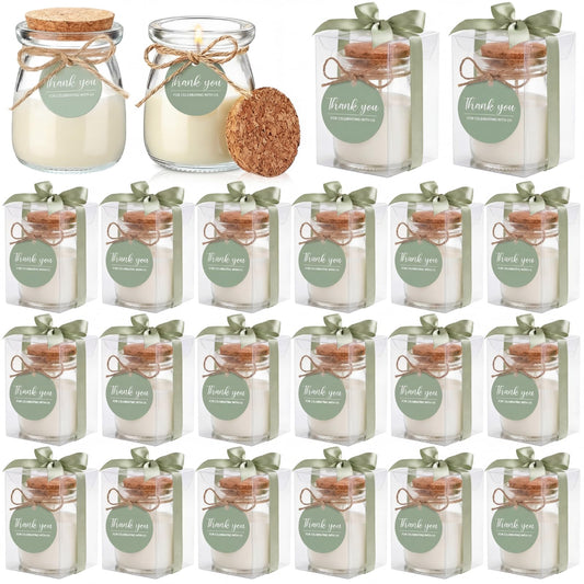 MTLEE 20 Sets Wedding Candle for Guests Sage Green Thank You Candles Gift Bulk Glass Jars Scented Soy Wax with Clear Gift Box for Sage Green Bridal Shower Housewarming Party Favors