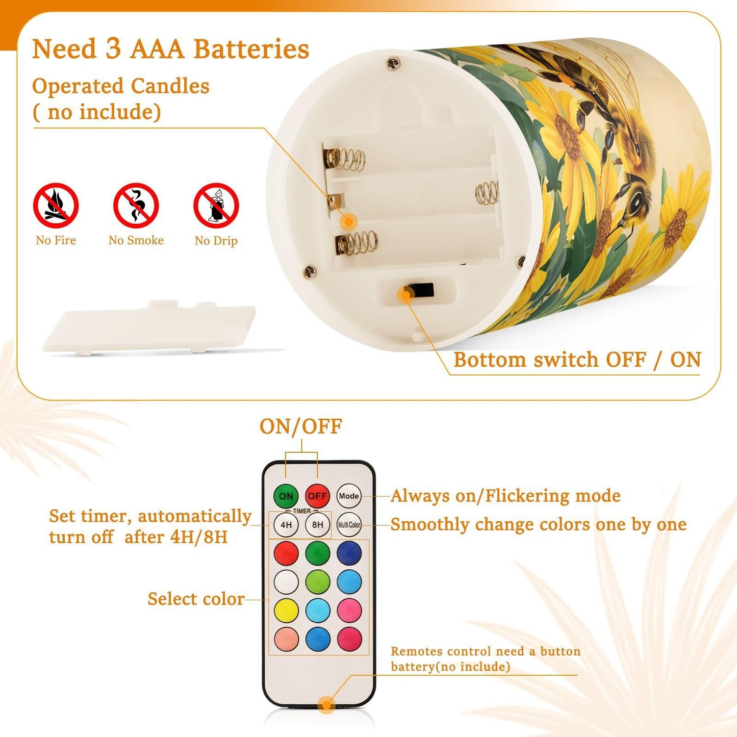 ALAZA Honey Bee Sunflower Flameless Candles Flickering LED Candles with Remote Timer Battery Operated Pillar Candles Set of 2 for Dinner Holiday Decor