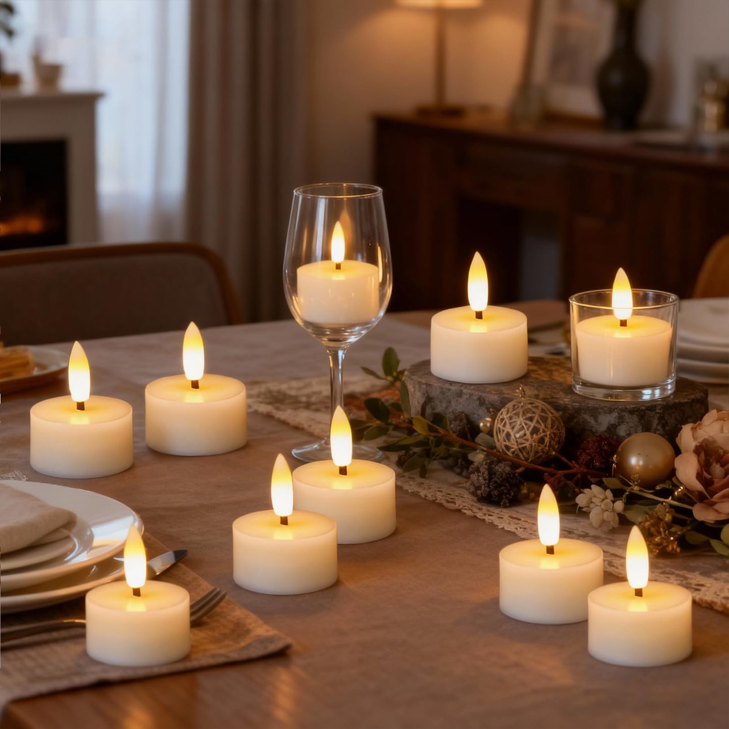 GenSwin Real Wax Tea Lights Candles Battery Operated, Flameless LED Tealights Candles with 6H Timer, 10 Pcs Battery Tea Lights with 3D Flame for Christmas Holiday Home Decor(Ivory, D1.6” x H2”)