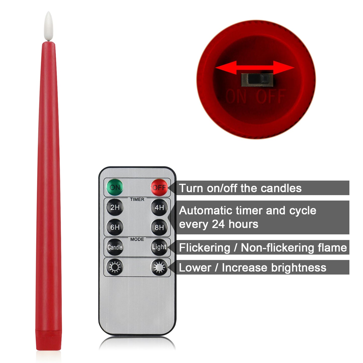 CVHOMEDECO. Flameless Taper Candles with 10-Key Remote, Battery Operated Led Flickering 3D Wick Window Candles Real Wax Finished Home Christmas Party Decor 0.78 x 11 Inch, Pack of 2 Red