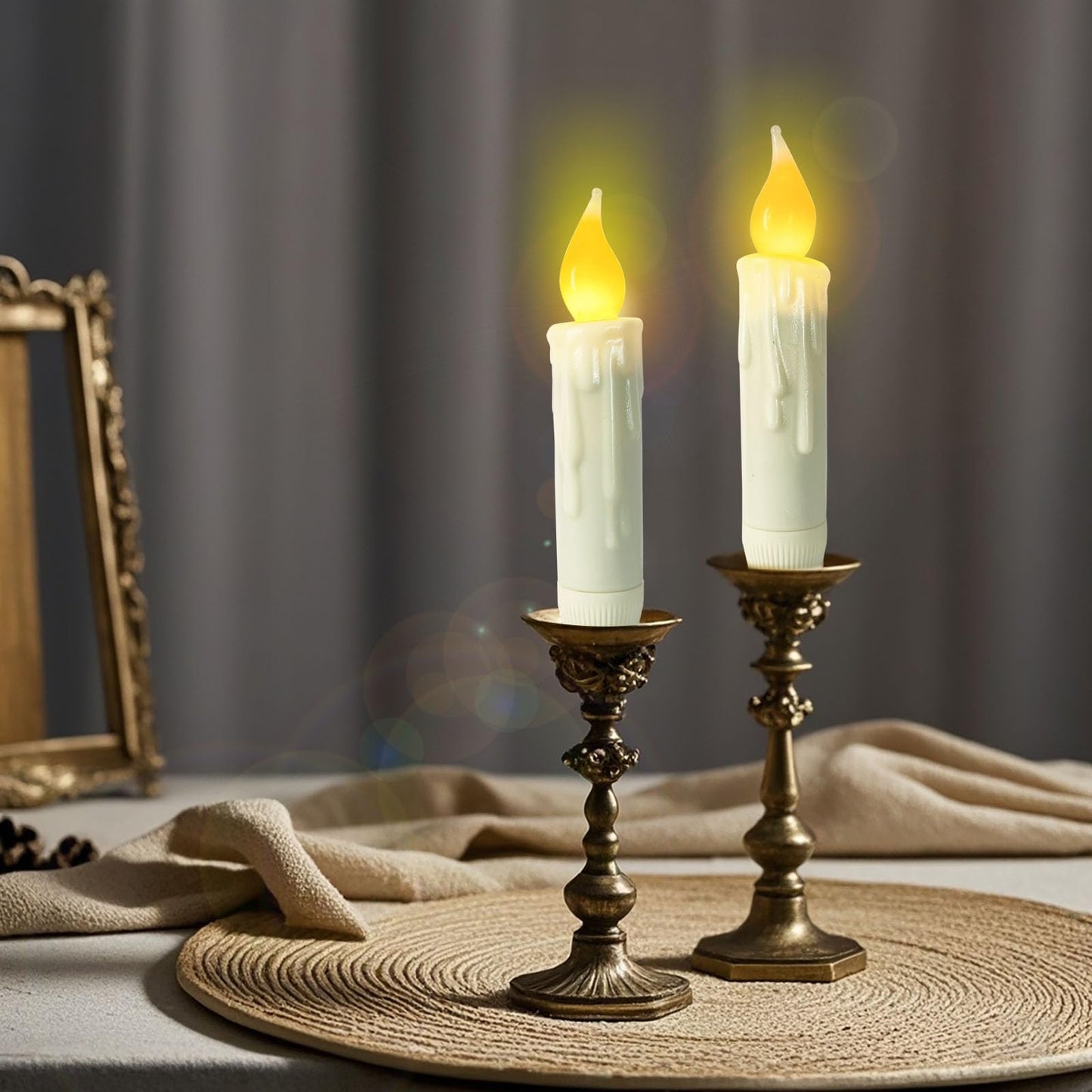 Short Taper Candles Battery Operated with Timer Real Wax Hand Dripped Flameless Taper Candles,4 Inch Ivory LED Candlesticks Flickering Country Primitive Christmas Halloween Decorations,Set of 3 PCS