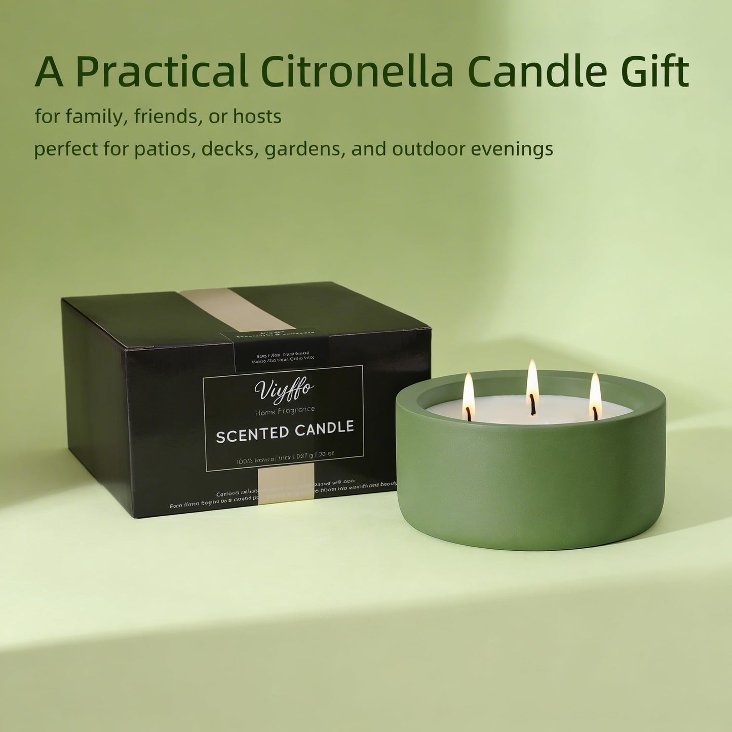 Viyffo 20oz Large Citronella Candles Outdoor, 3 Wick Citronella Candle, Non Toxic Soy Candles, Matte Green Ceramic Jar, Outdoor Candle for Patio, Porch, Backyard, Deck, Garden & Camping, Summer Decor