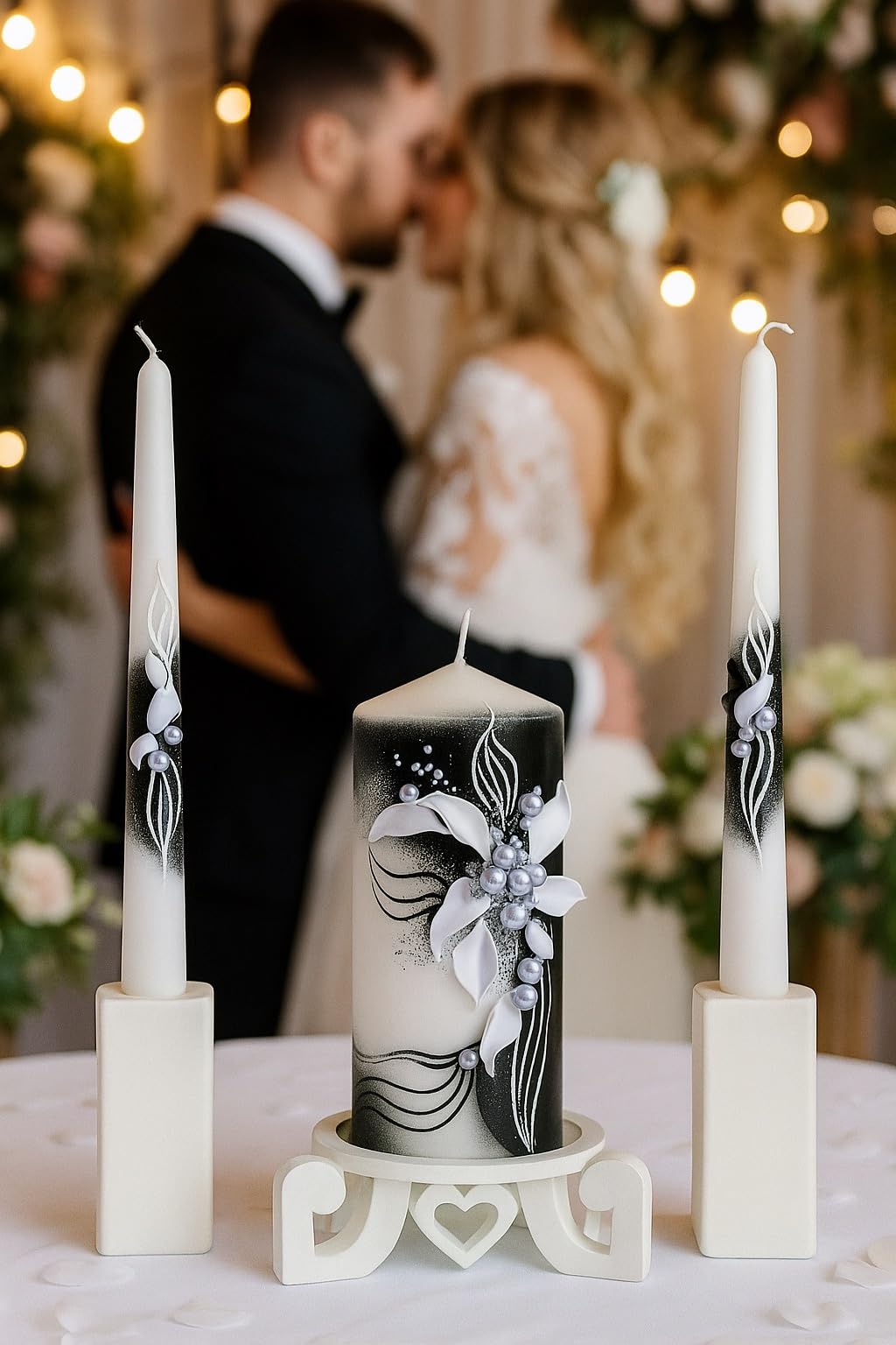 Magik Life Unity Candle Set - Wedding Ceremony & Reception – 6” Pillar & Two 10” Taper Candles – Long Burning Unity Candles for Marriage Ritual – Handmade in USA – Black | White