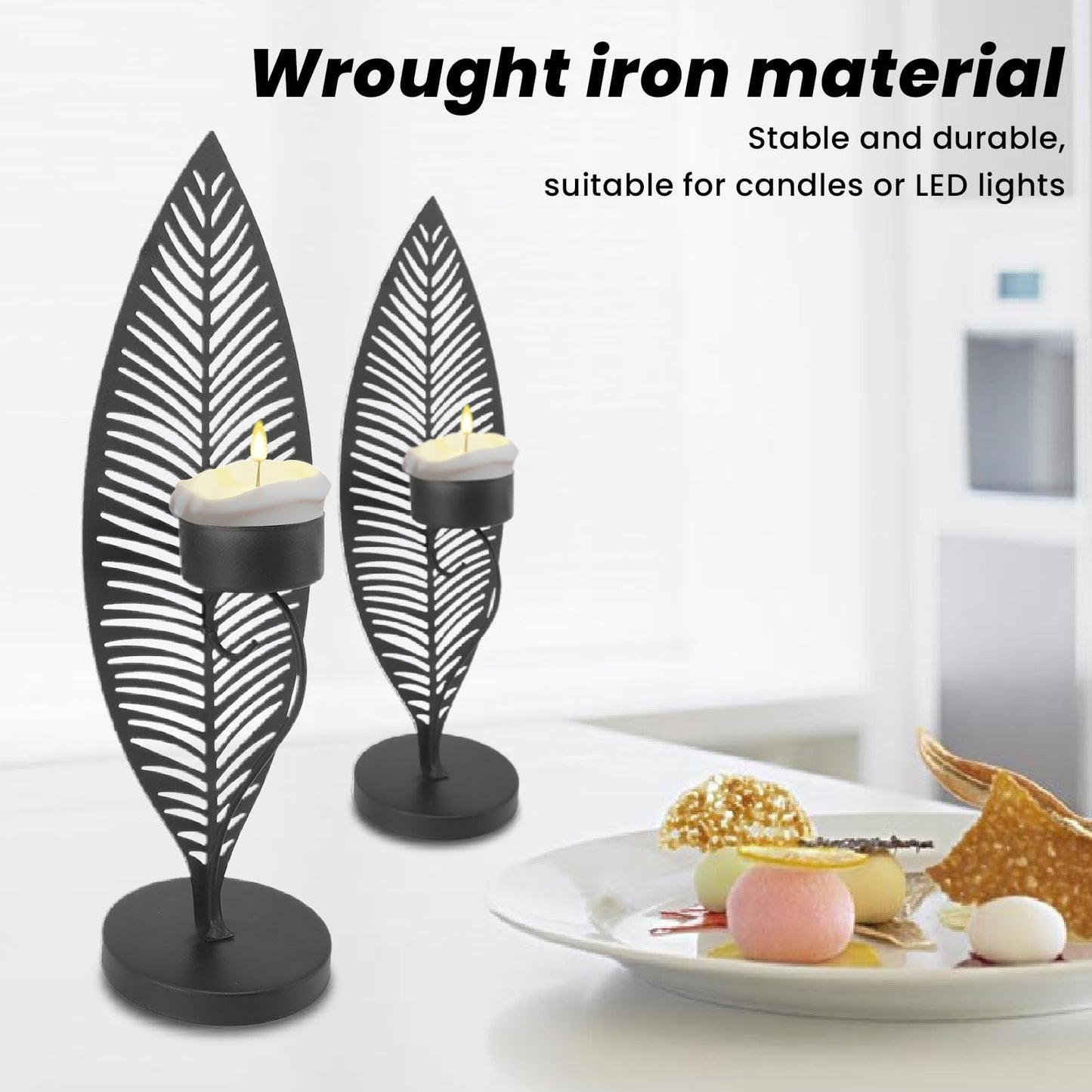Iron Leaf Candle Holder, Minimalist Wrought Iron Candlestick Stand, Unique Leaf Shape Metal Candle Holder with Nordic Design for Dining Room Home Decor (Black)