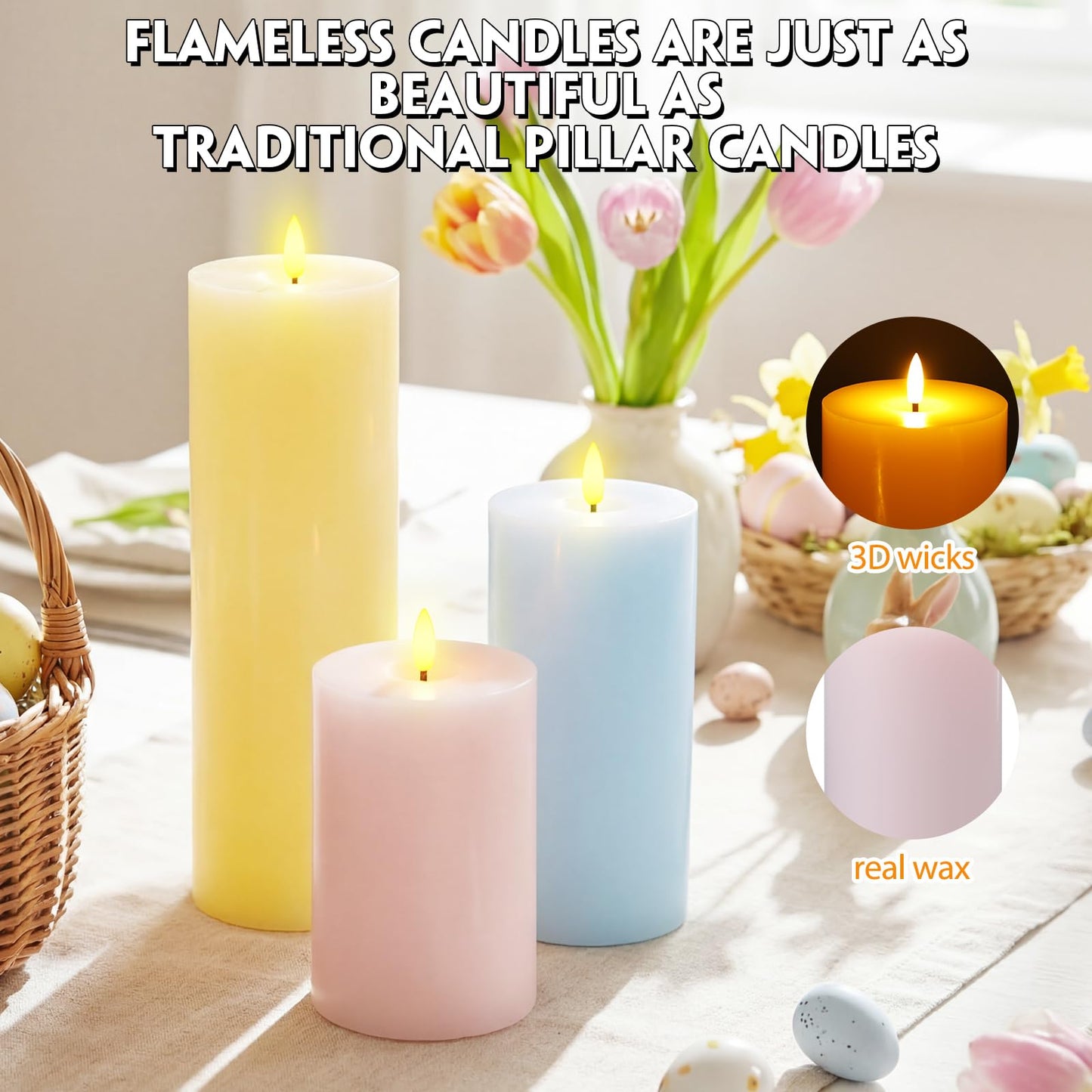 Retisee 3 Pcs Easter Large Flameless LED Battery Operated Candles with Remote and Timer Real Wax Candles for Indoor Outdoor Party Wedding Lights Decorations, Yellow, Pink, Blue