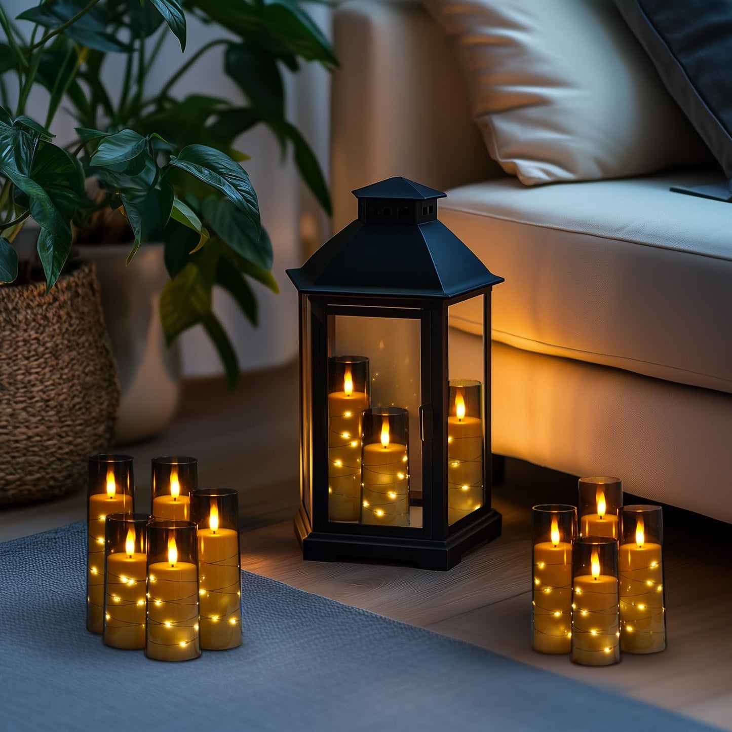 Homemory 12Pcs Flameless Candles with Star String Fairy Lights, Flickering Battery Operated Candles, LED Fake Candles with Remote and Timer, Halloween, Weddings, Home Decor, Grey