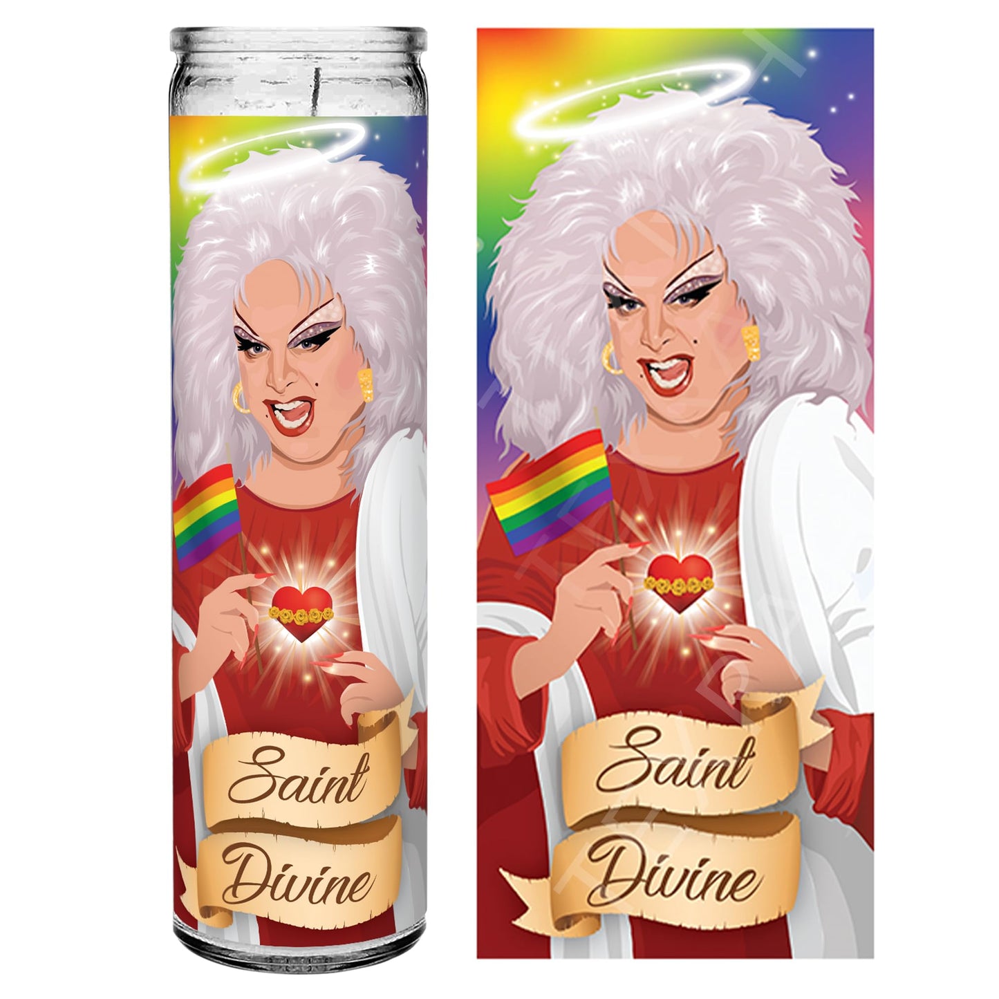 Saint Divine Queen of Filth Drag Gay Queer LGBTQ+ Pride Icon Celebrity Prayer Devotional Parody Candle - Funny, Novelty Gift - 8 inch, White, Cut - Unscented Glass