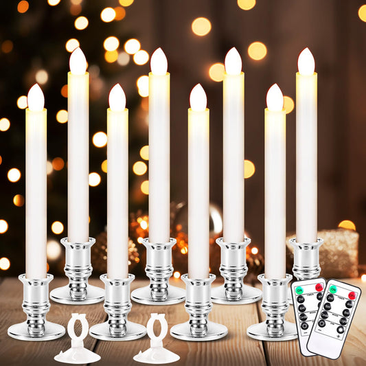 Qmioti 8 Pack Christmas Window Candles, Battery Operated Window Candles with Timer Remote, LED Window Candle with Candle Holders Suction Cups for Christmas Decorations, Silver