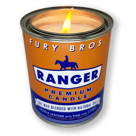 Fury Bros. Scented Candles for Men | Ranger | Saddle Leather Pine Citrus | Natural Soy Wax | Hand-Poured in the USA | Long 70-80 Hour Burn (12.5 oz) | Vintage-Inspired Tin Design | Dad Home Gift