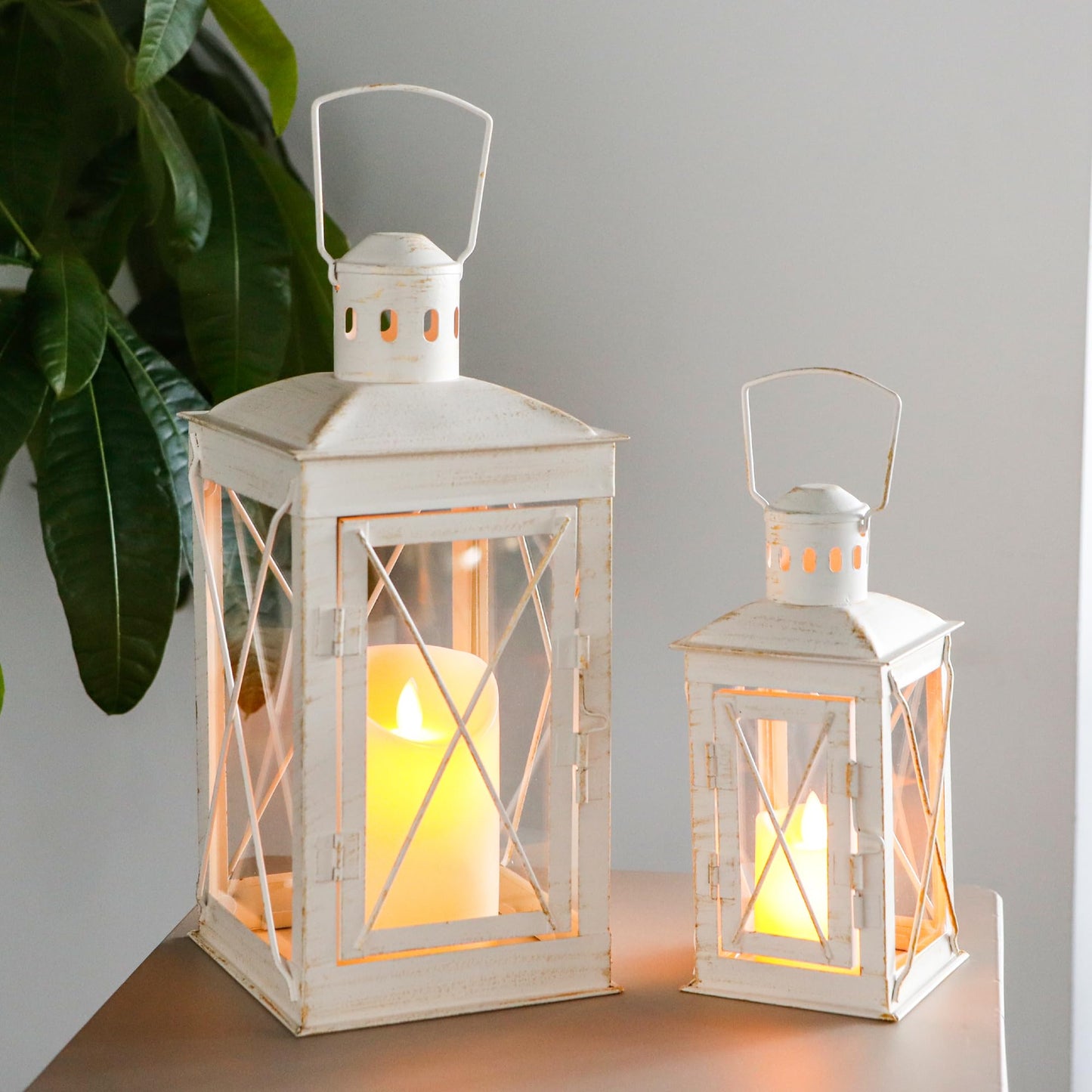 TRIROCKS Set of 2 Decorative Candle Lantern 12'' & 8'' High Metal Candle Holder Hanging Lantern Perfect for Home Decor Patio Living Room Parties Events Tabletop Indoors Outdoors (White)