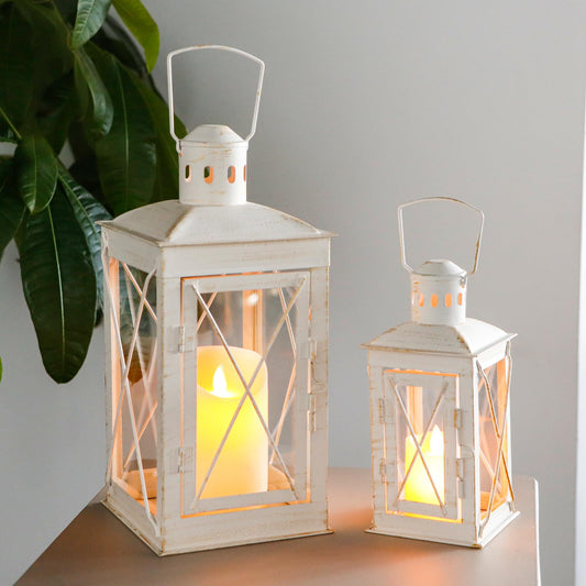 TRIROCKS Set of 2 Decorative Candle Lantern 12'' & 8'' High Metal Candle Holder Hanging Lantern Perfect for Home Decor Patio Living Room Parties Events Tabletop Indoors Outdoors (White)