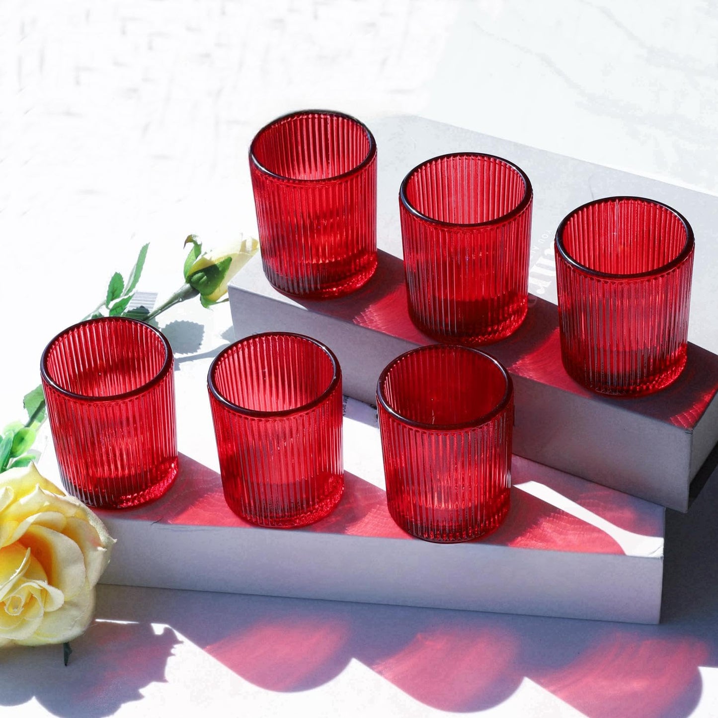 VOHO Red Candle Holders Set of 12, Ribbed Glass Votive Candle Holders Bulk for Holiday/Party Decorations, Tea Lights Candle Holder Wedding Centerpieces for Tables