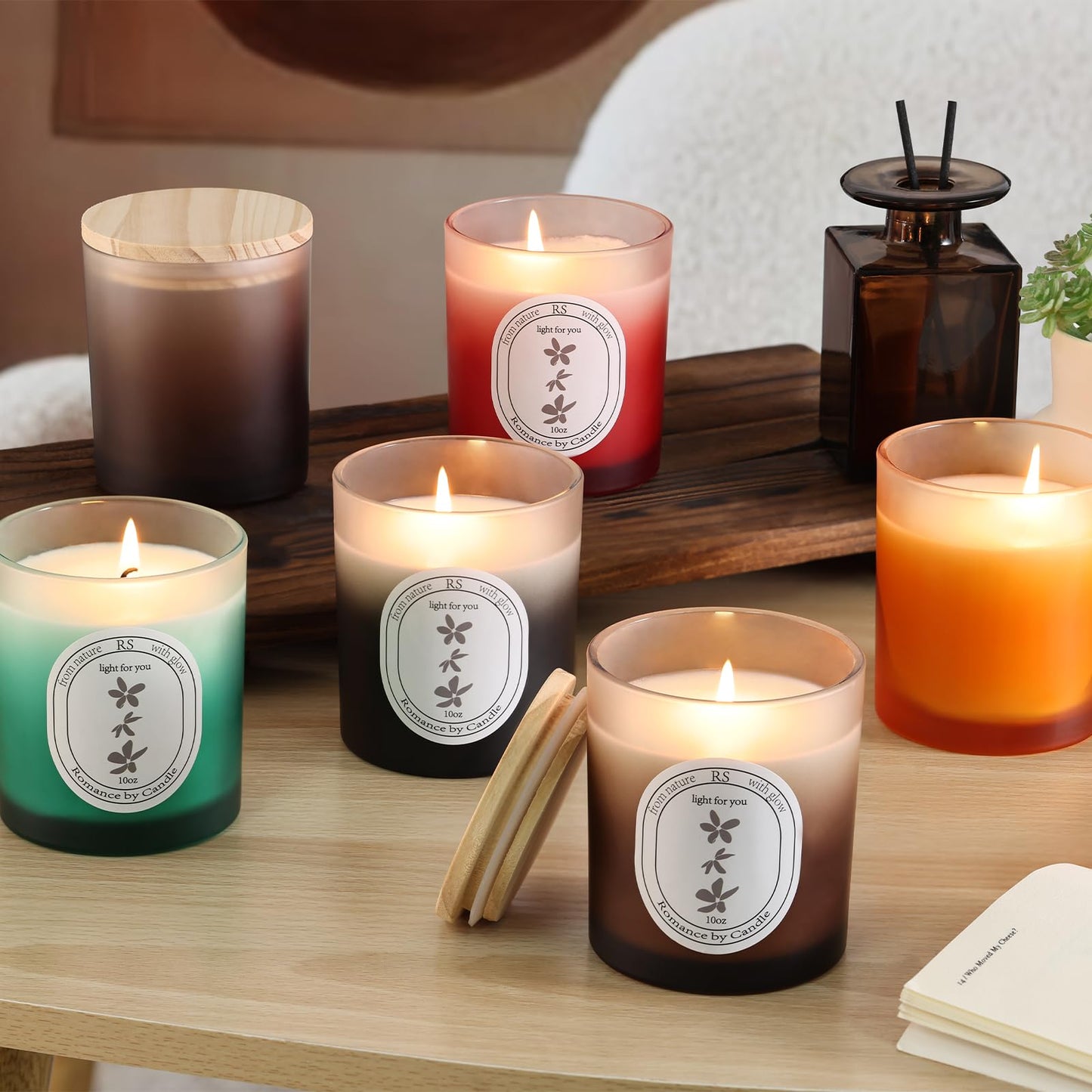 REISEN 12Pcs Gradient Amber Candle Jars for Making Candles, 10oz Glass Jars with Bamboo Lids, Candle Wick Kit and Sticky Warning Labels, Candle Containers Vessels for DIY Gifts