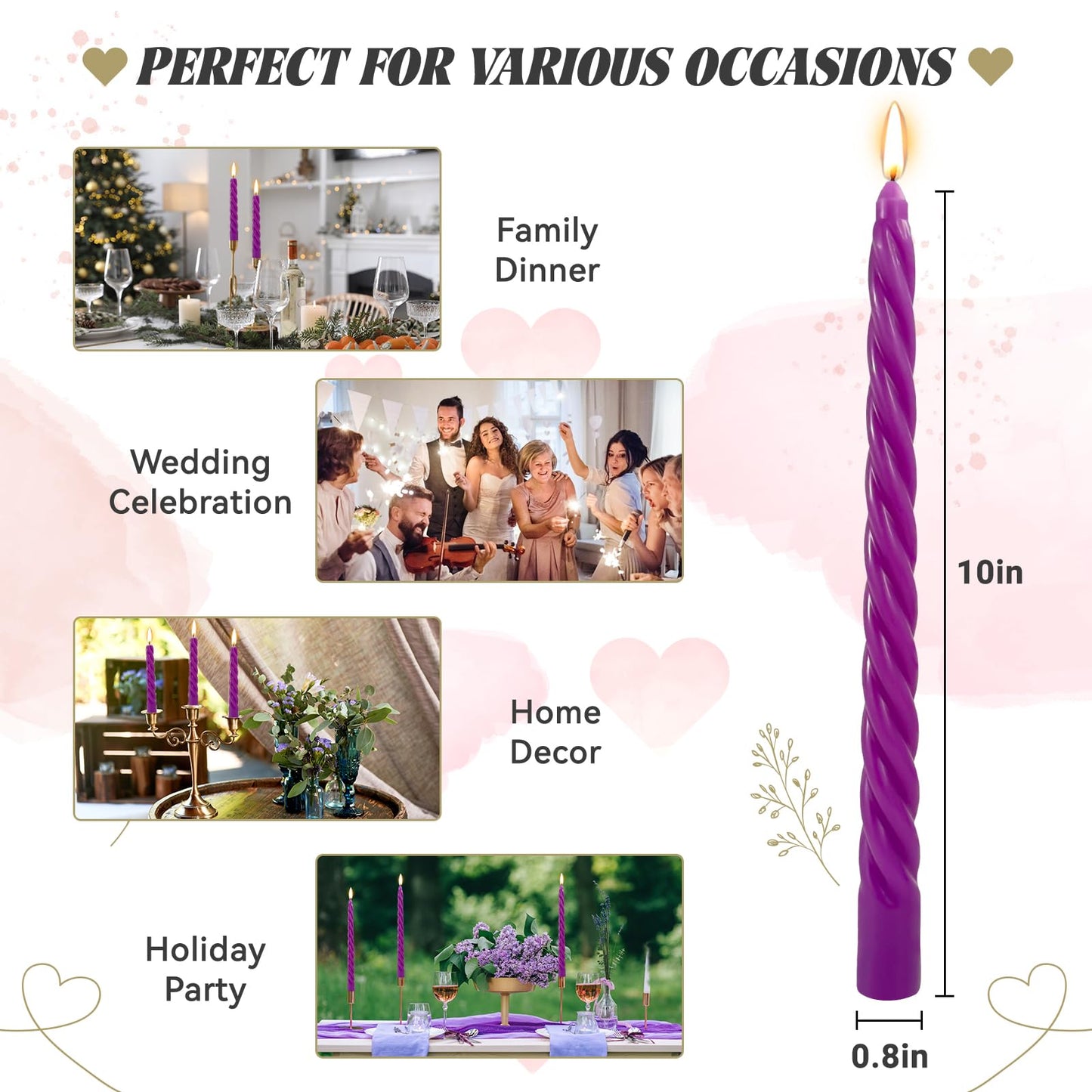 10 Inch Purple Twisted Taper Candles Set for Dinner, Unscented Dripelss Candlesticks for Home Holiday Party Decoration