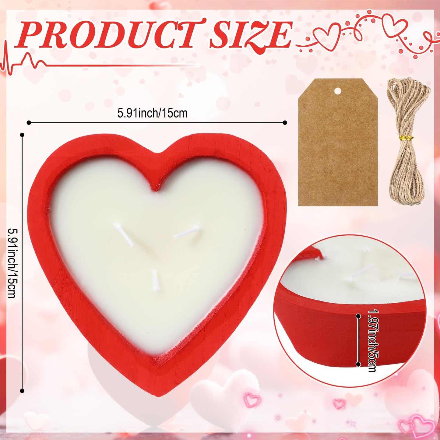 Lounsweer 2 Pcs Valentine's Day Wooden Candle Bowl Heart Dough Bowl 6 Inch 3 Wick Soy Blend Wax Candle 5 oz Decorative Dough Bowls Candles for Valentine Table Centerpiece Birthday Gift
