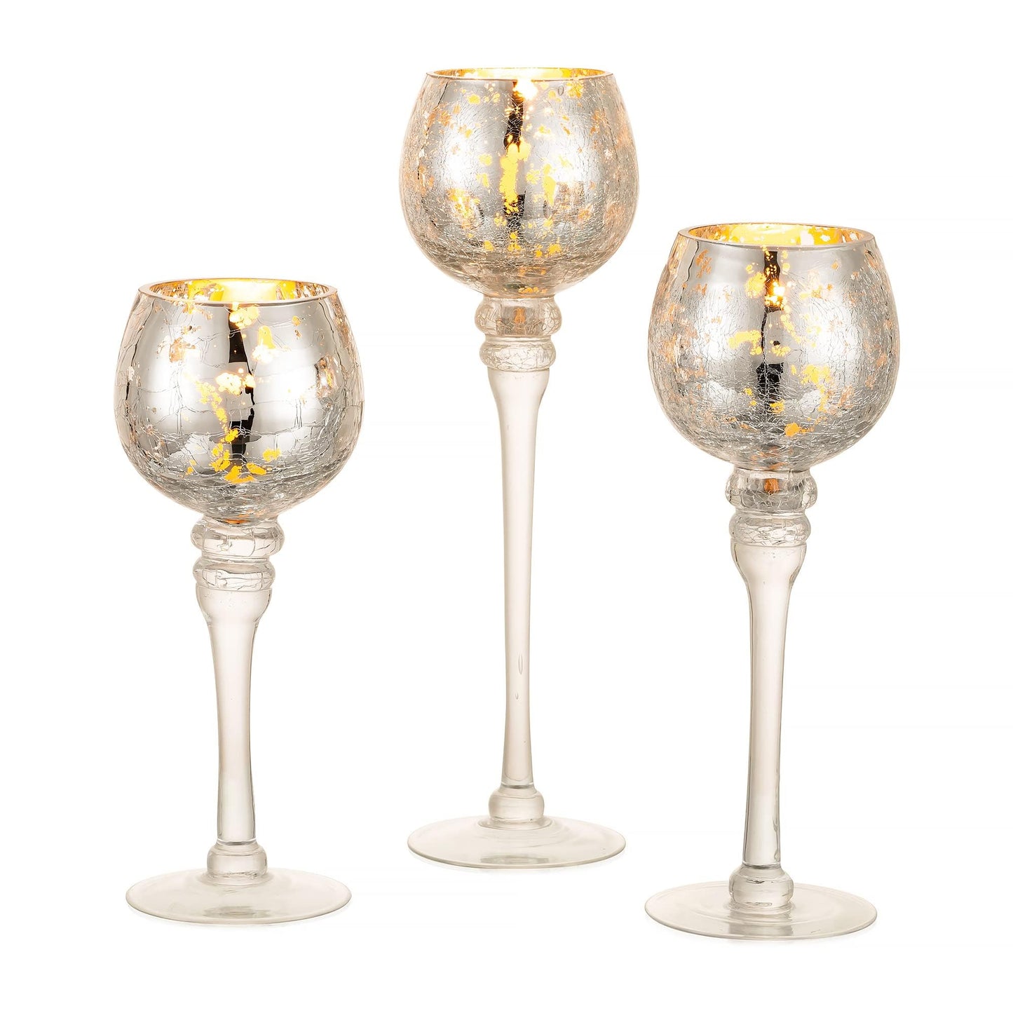 Inweder Glass Tealight Candle Holder: Silver Mercury Votive Holders 9/10/12 Inch Tall Long Setm Floating Candle Holders for Christmas Dining Table Centerpiece Wedding Party Set of 3