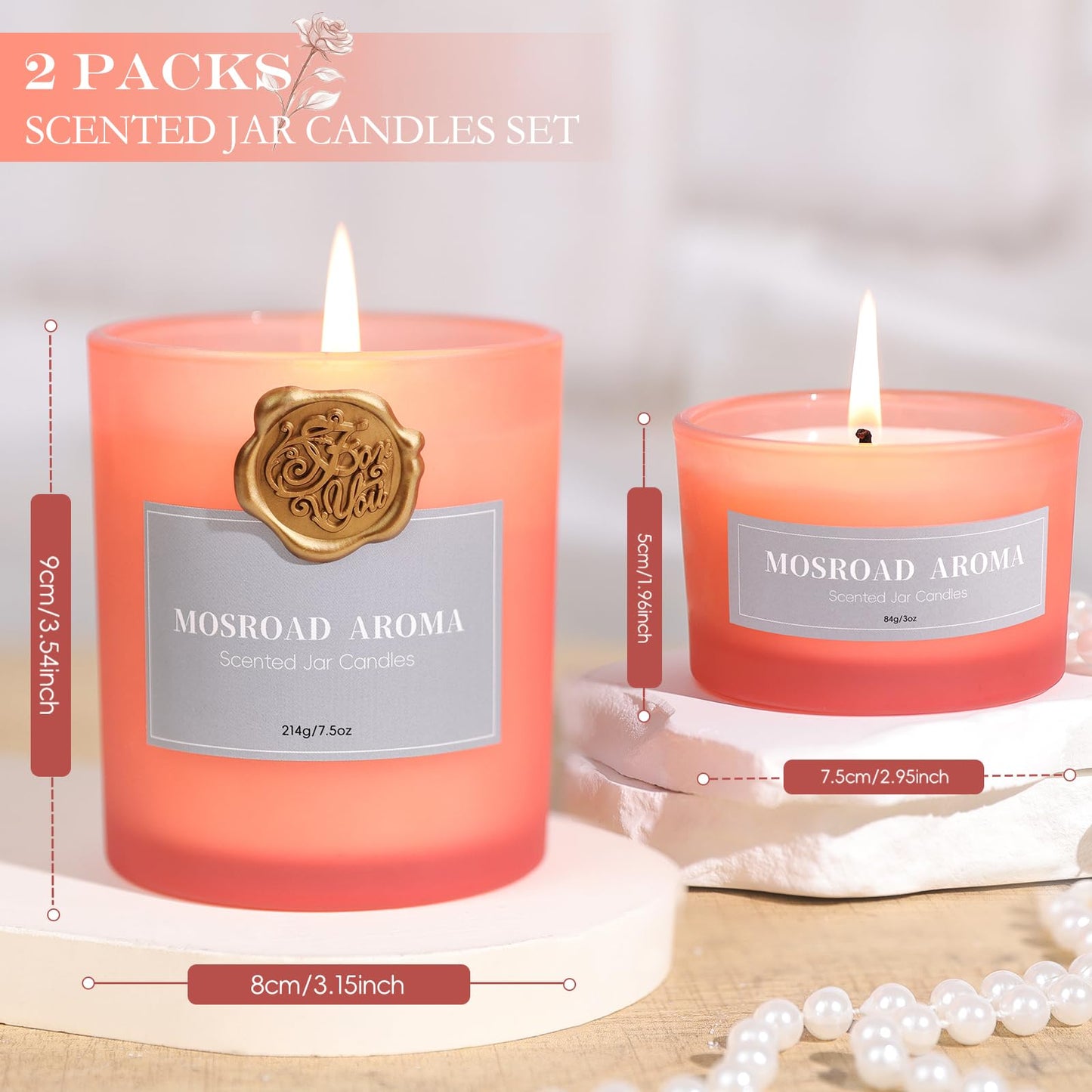 MOSROD Luxury Rose & Agarwood Scented Candles Gift Set, 2 Packs, Natural Soy Romantic Aromatherapy Jar Candle Gift for Her, Intimate Ambiance Pink Rose Candles for Home Fragrance Housewarming Gifts