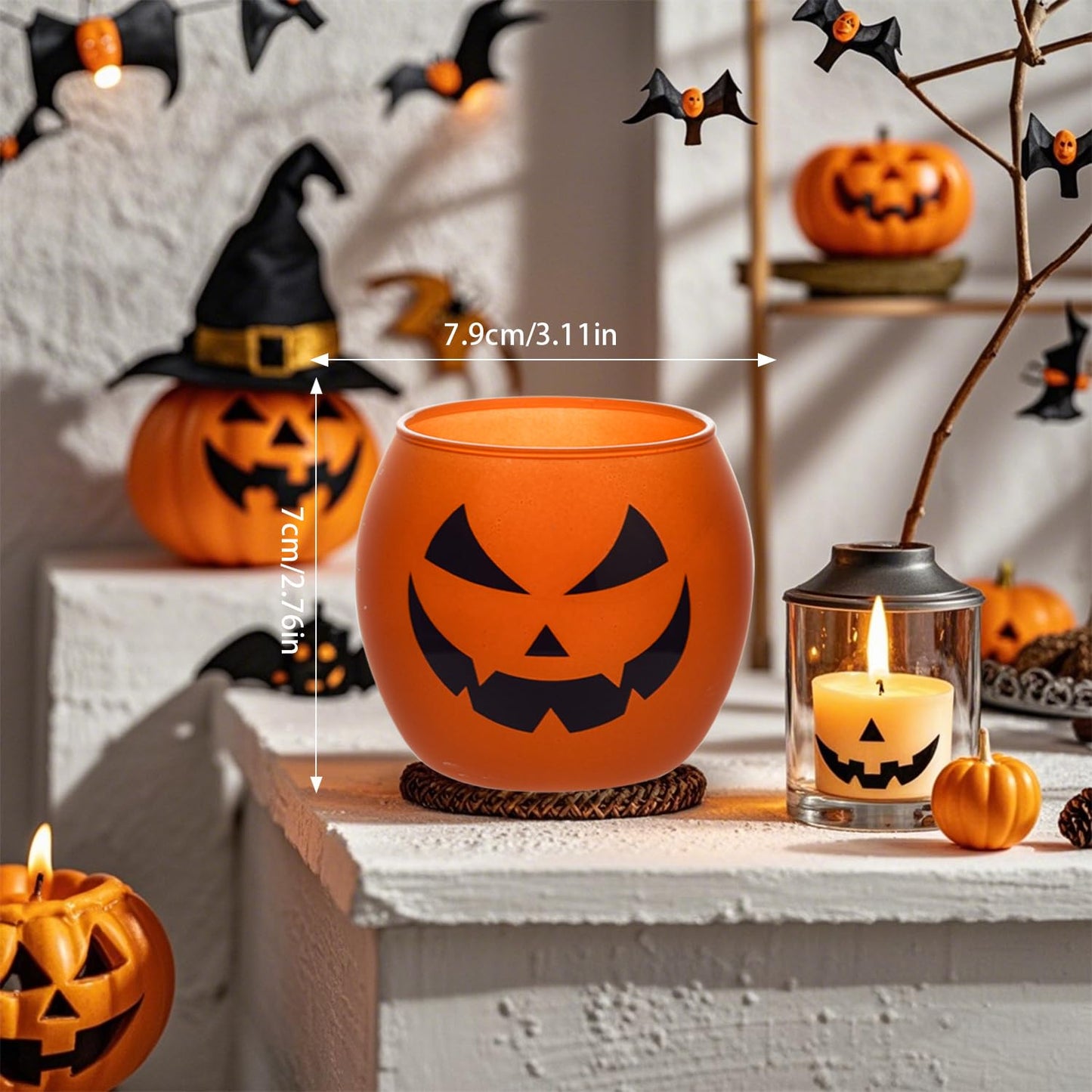 Galssmagic Halloween Table Decor Candle Holder Set of 6,Orange Pumpink Grimace Glass Votive Candle Holders Indoor Outdoor Halloween Decor