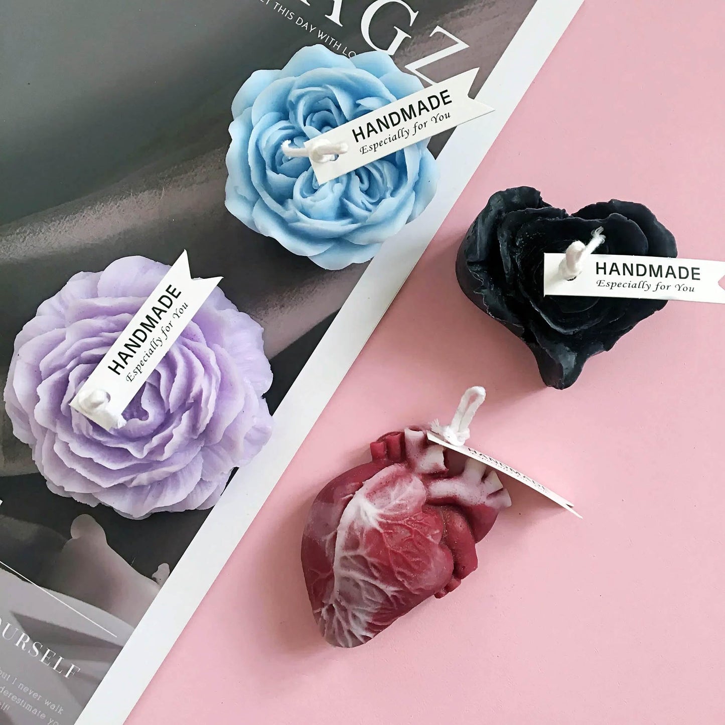 Cooary 4 Pcs Low Temperature Candles Purple Peony Flower Shaped Black Heart Red Heart Blue Austin Rose Scented Starlight Gilded Candles Adult Low Heat Body Safe Drip Wax Play for Couples