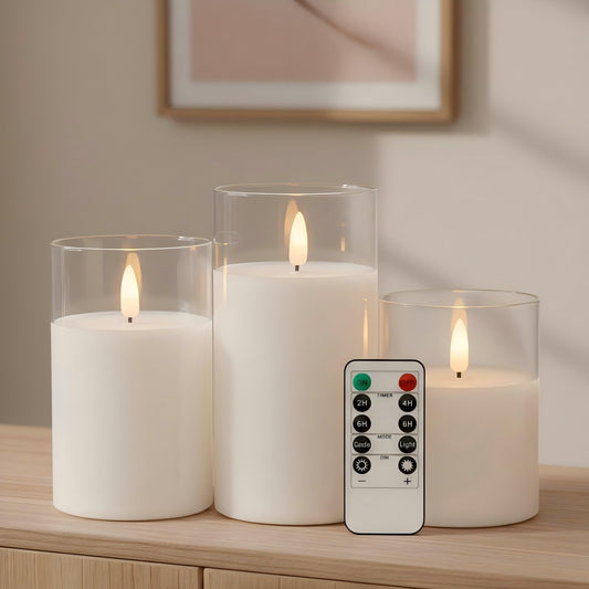 ANGELLOONG Glass Flameless Candles with Remote, White Battery Operated Candles with Timer, Electric Fake LED Candles for Bedroom Farmhouse Bathroom Coffee Table Decor, Clear
