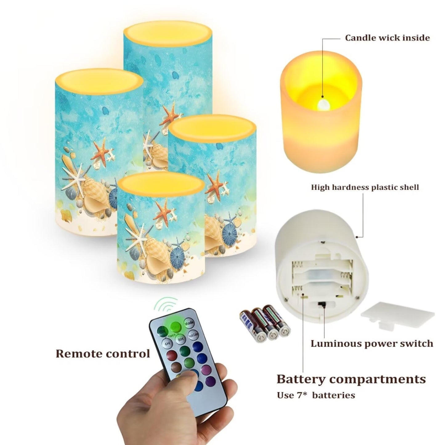 Merkmak Set of 4 Flickering Flameless Candles Battery Operated with Remote and Timers LED Pillar Candles Bulk for Camping, Weddings, Coastal Home Decoration, Starfish Shell