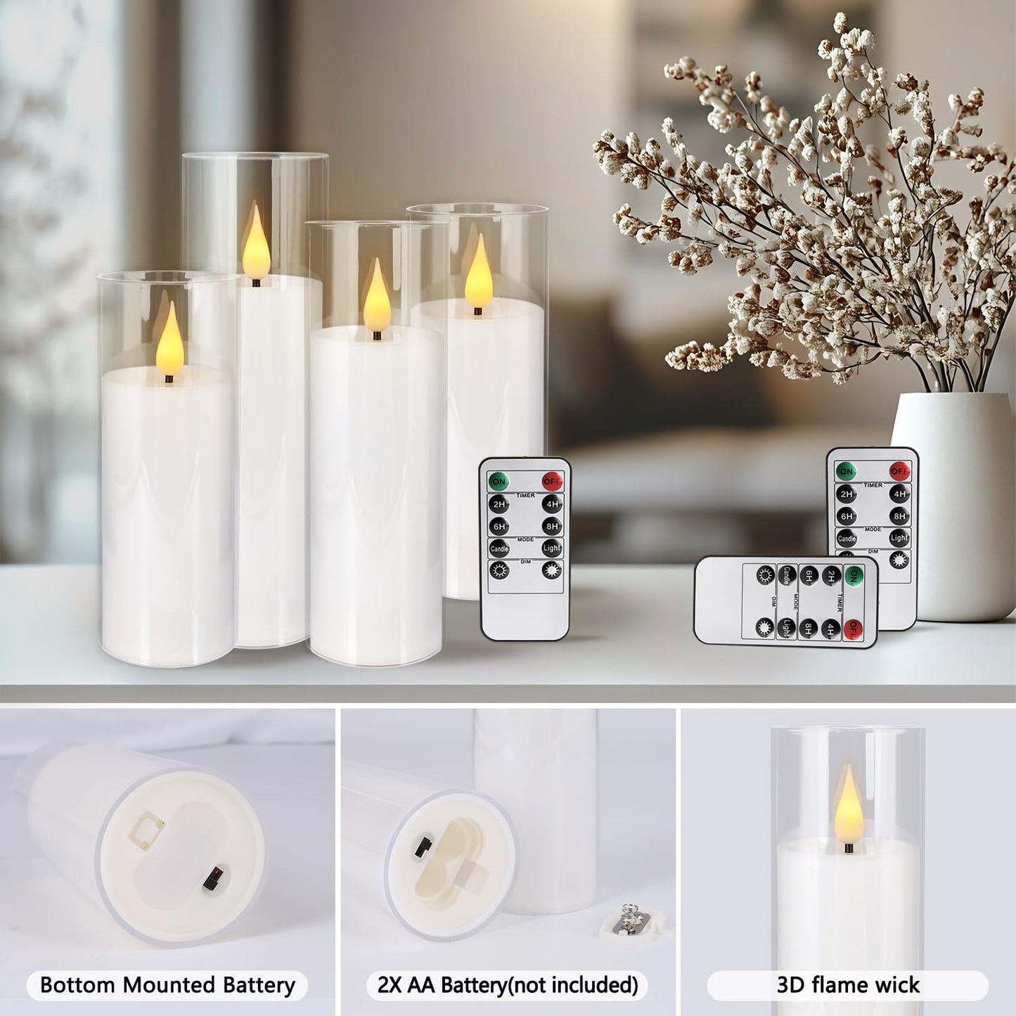 Aamdkcyu 24-Pack Premium Flameless LED Candles - Elegant White & Clear Acrylic Pillar Design with Realistic Flickering Flame, Remote Control & Timer for Weddings, Christmas, Halloween & Home Decor