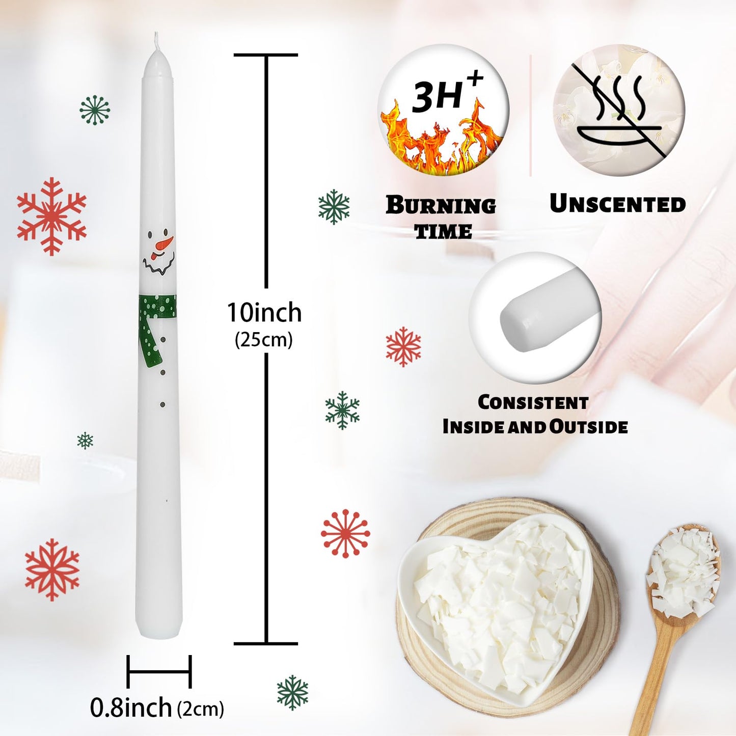 Floral Taper Candles 10 Inch Tall Unscented Handmade Snowman Print Long Burning Elegant Candlesticks for Christmas Decor Gifts