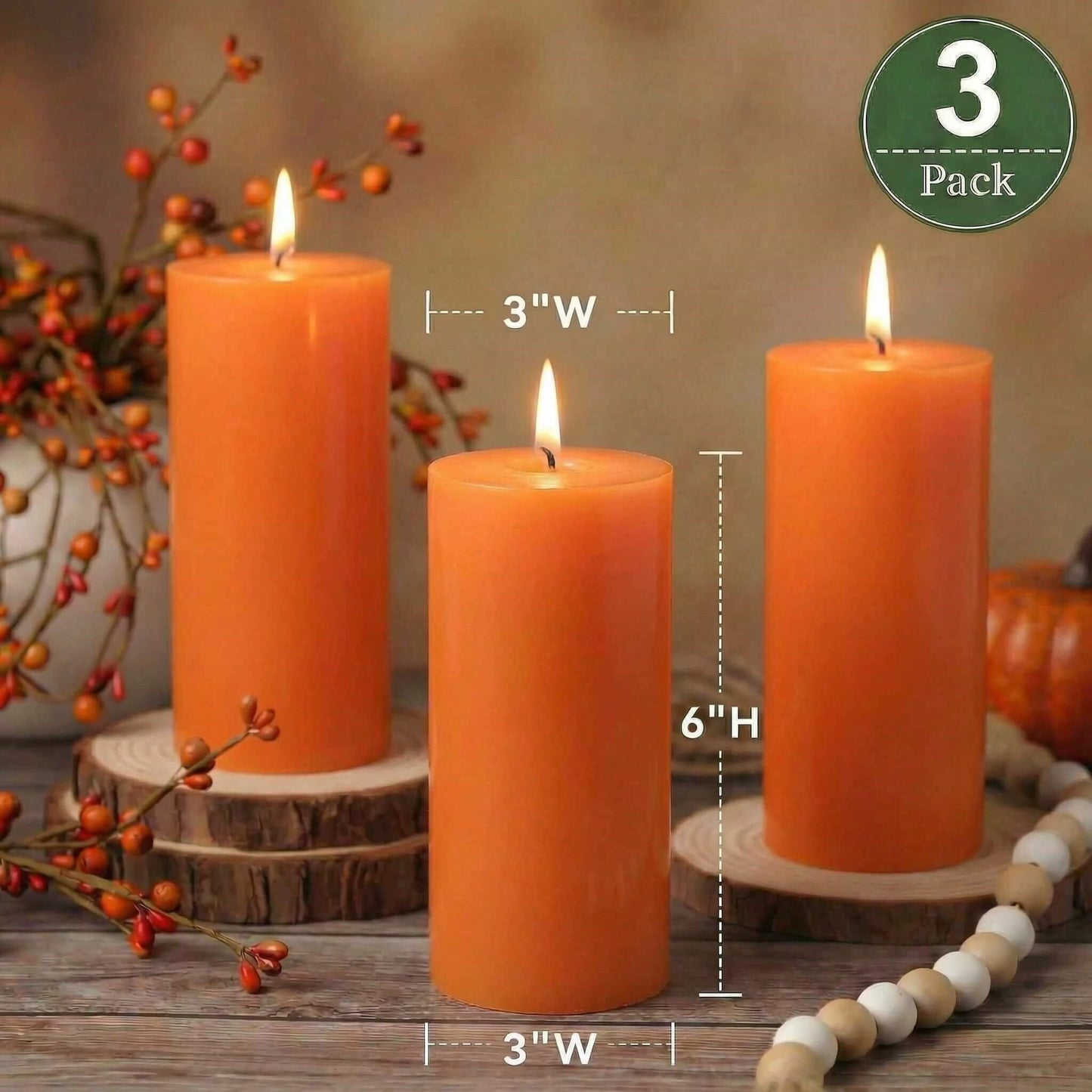 Richland Set of 3 Orange Pillar Candles 3" x 6" Unscented for Weddings Home Halloween Fall Decor Relaxation Spa Church