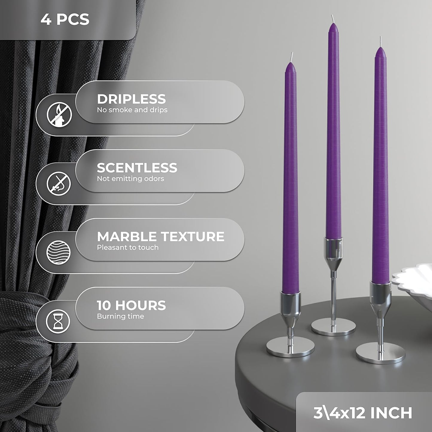 CANDWAX Purple 12 inch Taper Candles Pack of 4 - Unscented Smokeless Dripless Long Burning Christmas Tapered Candle Sticks - Perfect as Christmas Candle Sticks for Home Decor - Purple Taper Candles