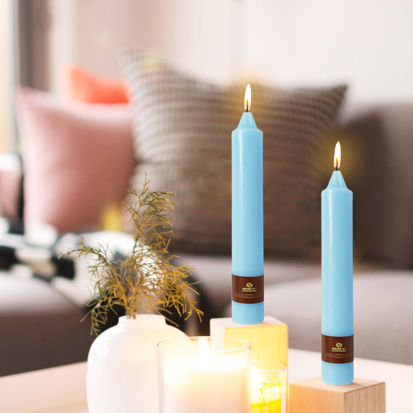 Blue Taper Candles 9 inch - 4 Pack Fat Candle Taper Candles Dripless, Smokeless, Unscented Hand Poured Tall Candlesticks - Perfect for Home Decor, Weddings, and Special Occasions