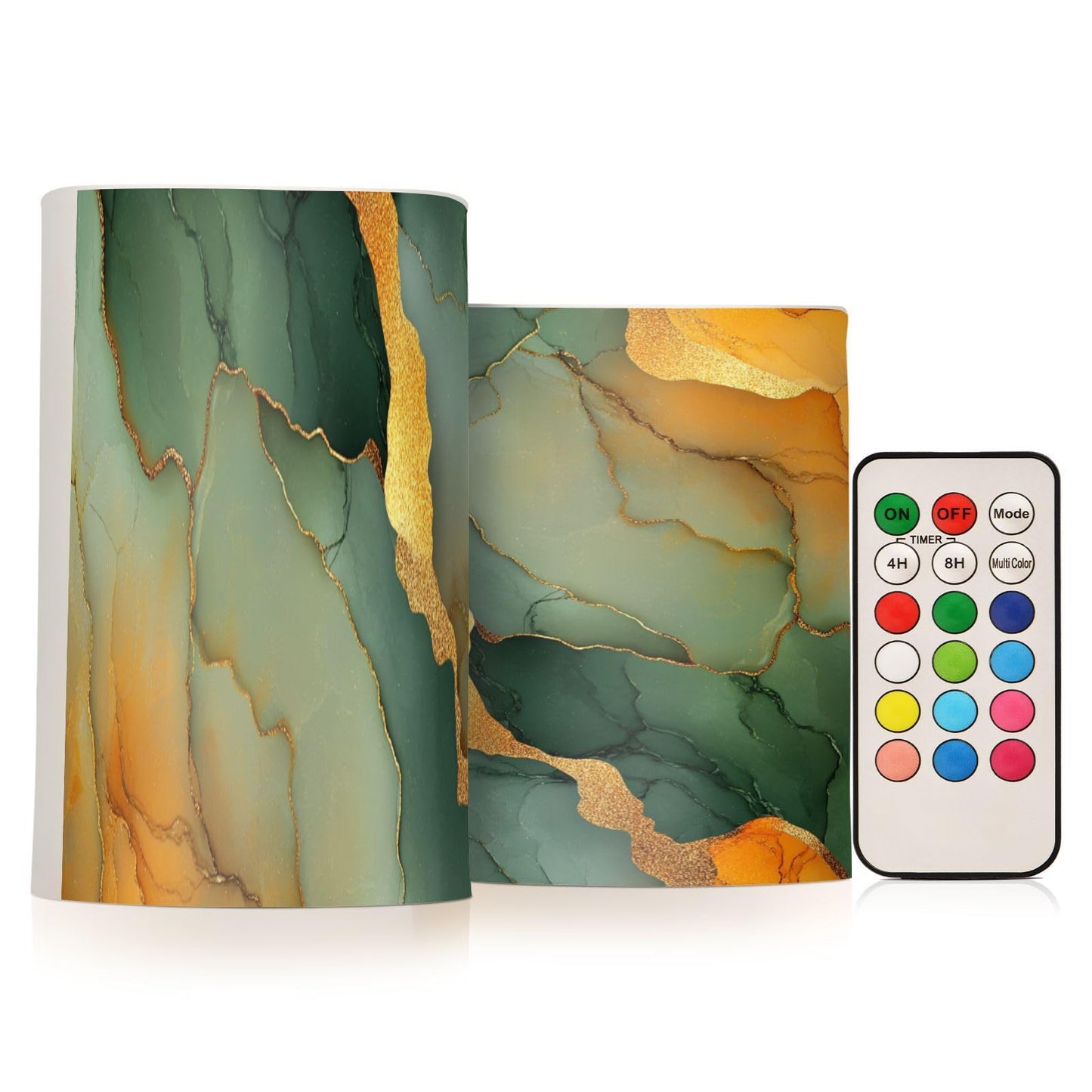 Zathe Flameless Flickering Candles Remote Led Pillar Candles for Decorations Marble Green Orange