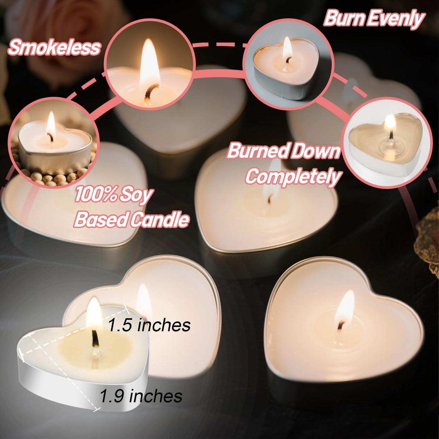 MAQIHAN Tea Lights Candles - 30 Pcs Heart Shaped Unscented Soy Tealight Candles, Smokeless White Tea Light Candles for Weddings, Romantic Dinners, Home Decor