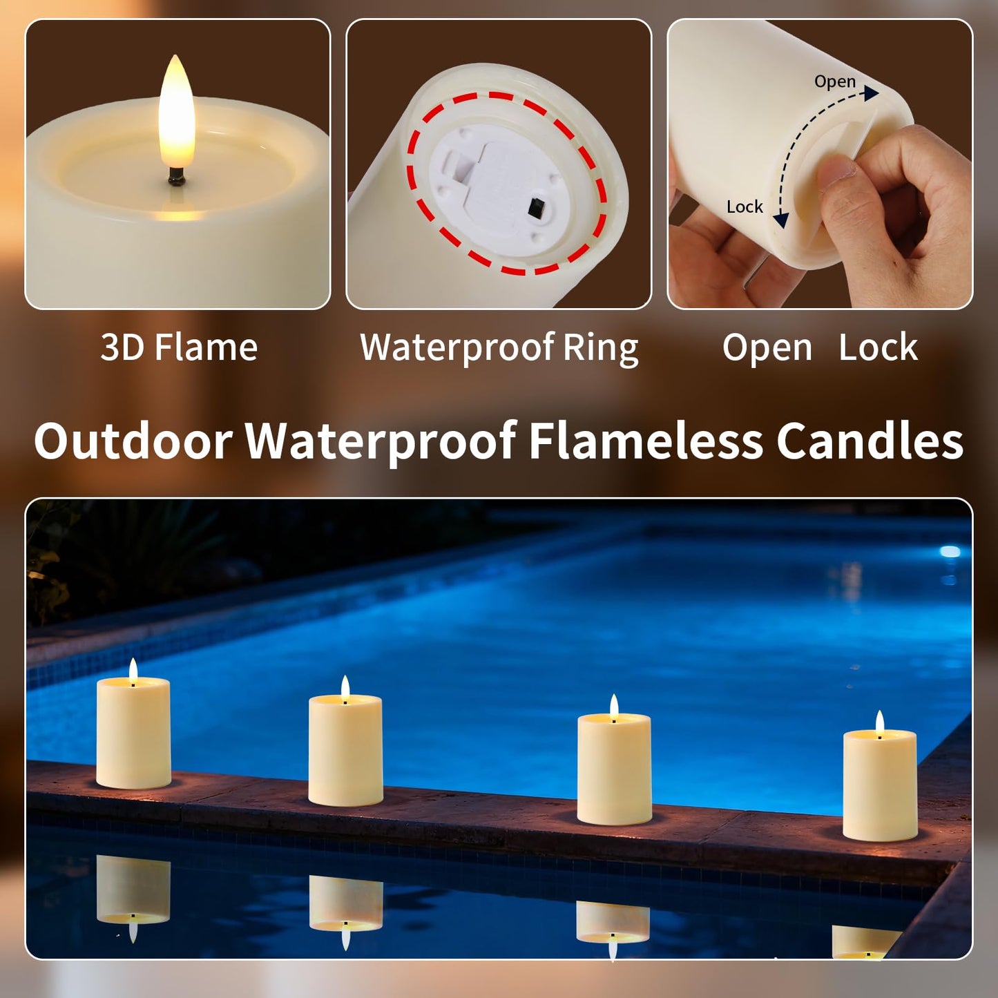 Outdoor Candles with Timer Waterproof, 3PCS 3" x4" 5" 6" Flameless Candles with Remote Battery Operated Candles, Realistic Flame Effect LED Pillar Candles for Fireplace Christmas Patio Centerpieces