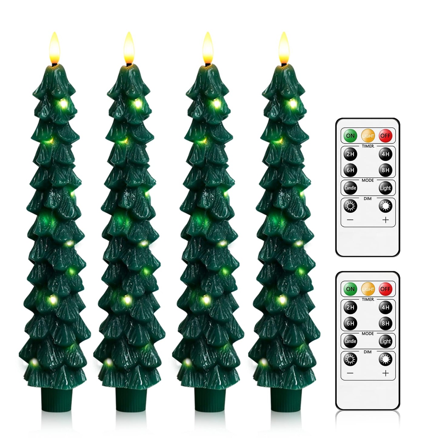 kakoya Christmas Tree Flameless Candles with Remote,4 Pcs Green Real Wax LED Flickering Candles Battery Operate with Embedded Star String for Home Decoration Christmas Gifts(D0.86 xH9.6)