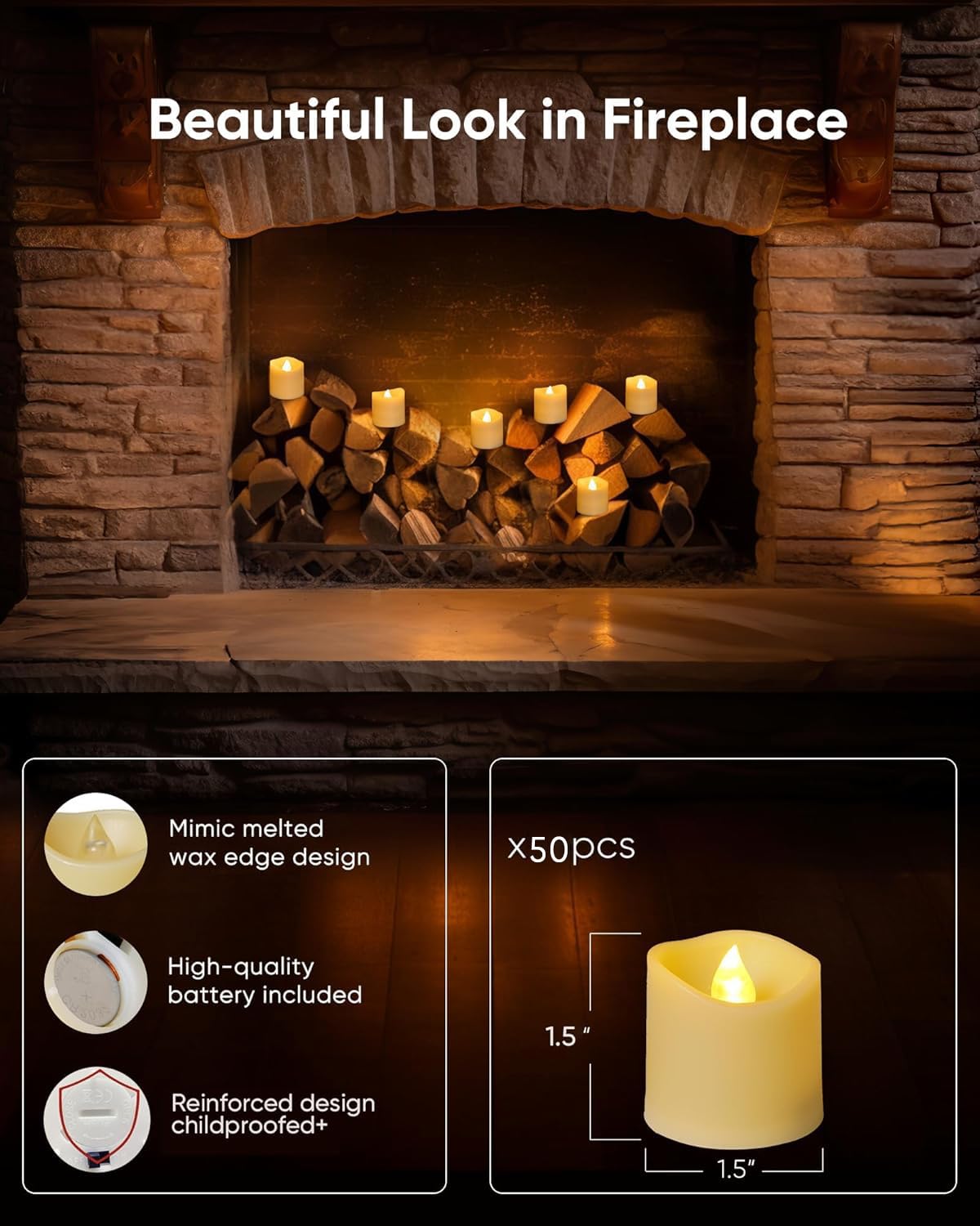Homemory 50Pack Flameless LED Votive Candles, 200+Hour Lasting Electric Fake Candles, Battery Operated Tealights in Warm White for Wedding, Proposal Anniversary, Romantic Decor (Ivory Base)