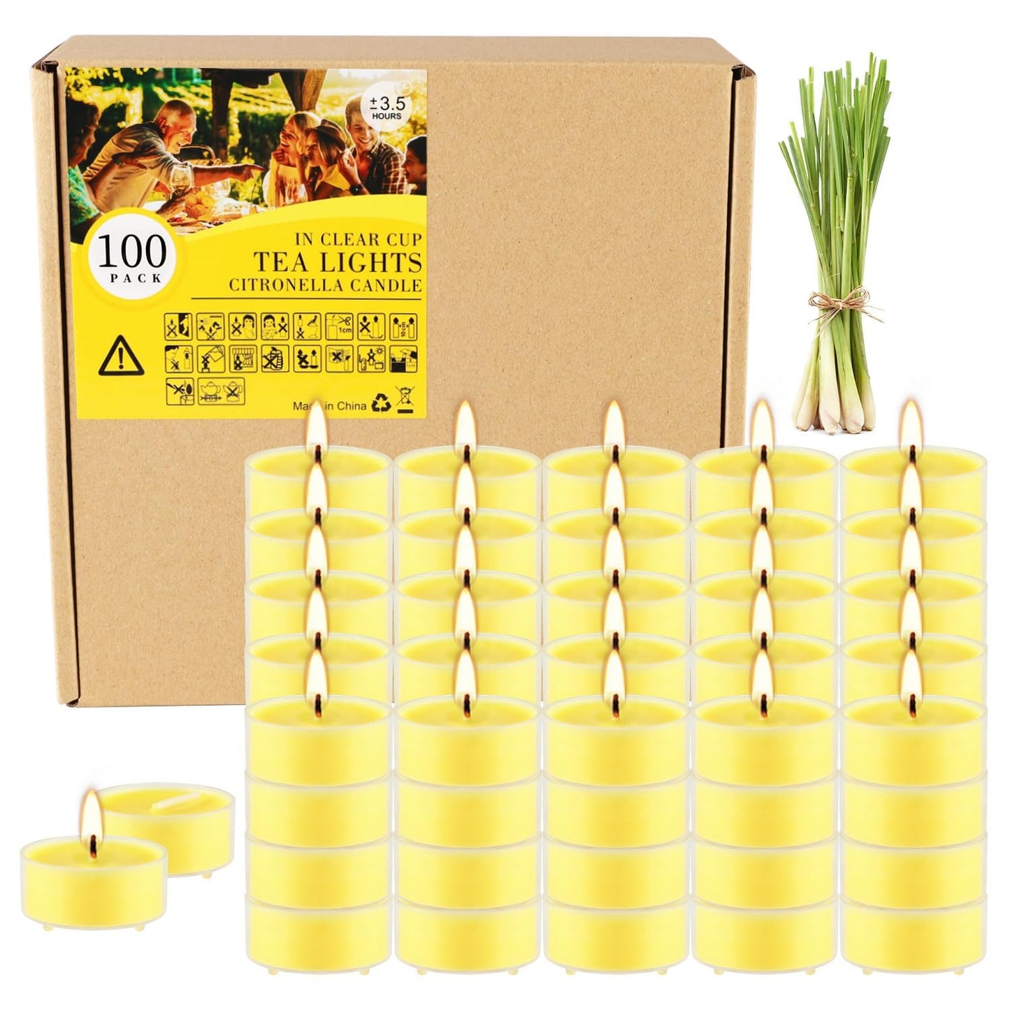 3.5-Hour 100Pack Yellow Tealight Candles, Outdoor and Indoor Summer Scented Candle,Natural Soy Wax Candle for Home Patio Garden Yard Balcony,BBQ Birthday Emergency